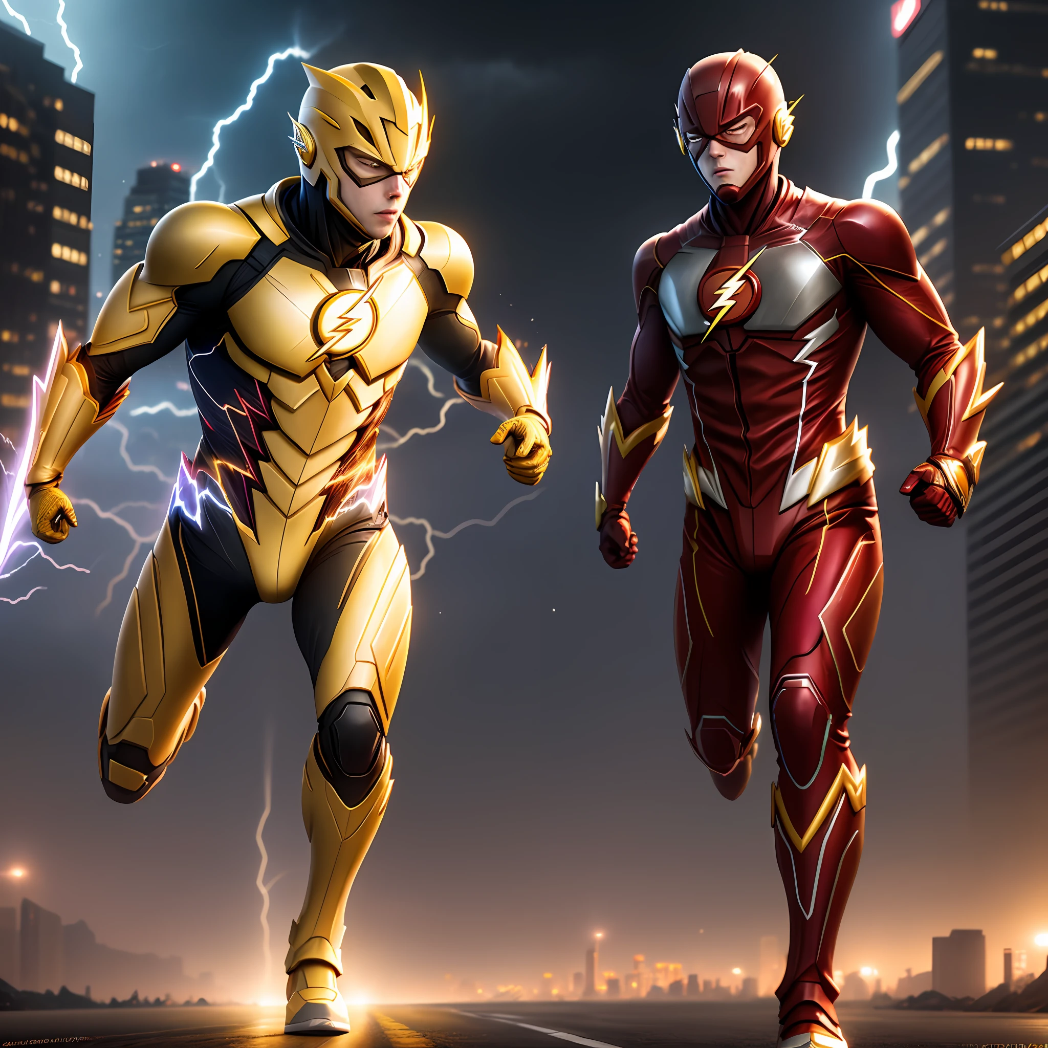 the flash ,  yellow armor, invoked mask, running, in the background a city, lightning in the sky, ultra details, ultra realistic, cinematic , octane render, 16k