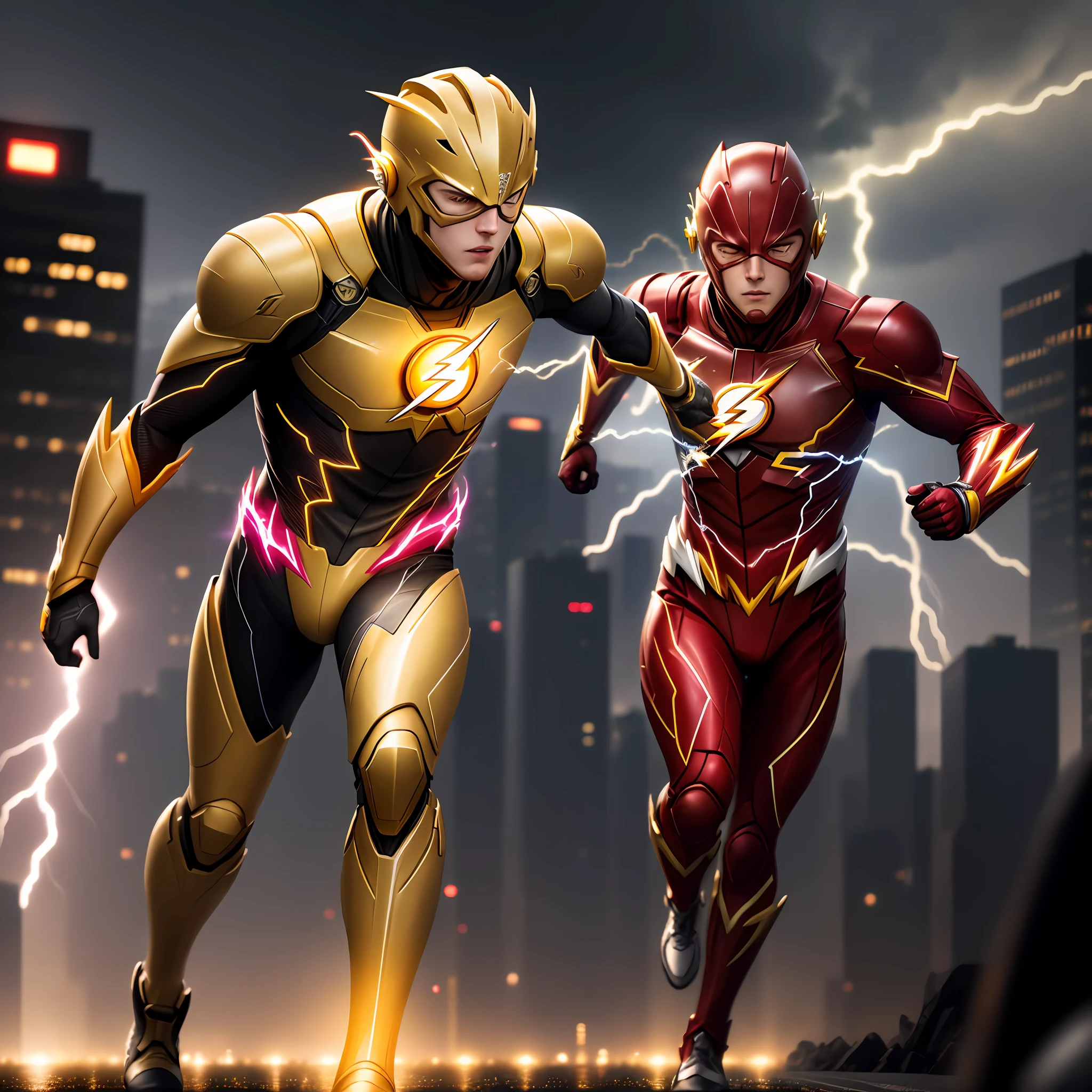 the flash ,  yellow armor, invoked mask, running, in the background a city, lightning in the sky, ultra details, ultra realistic, cinematic , octane render, 16k