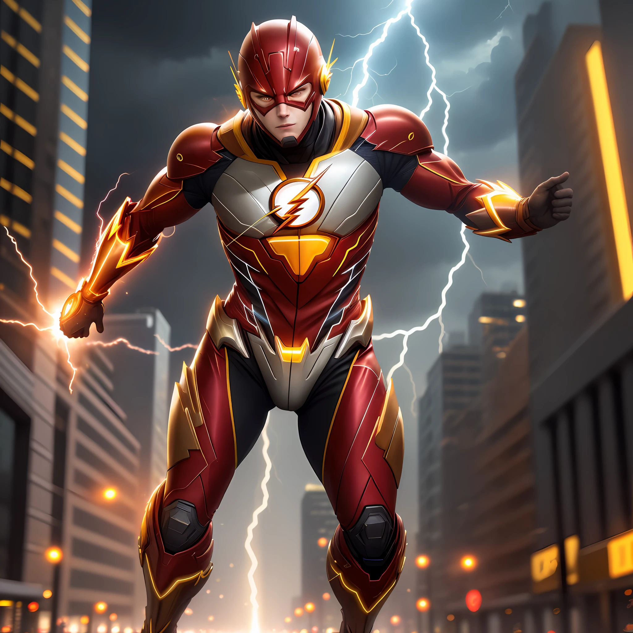 the flash ,  yellow armor, invoked mask, running, in the background a city, lightning in the sky, ultra details, ultra realistic, cinematic , octane render, 16k