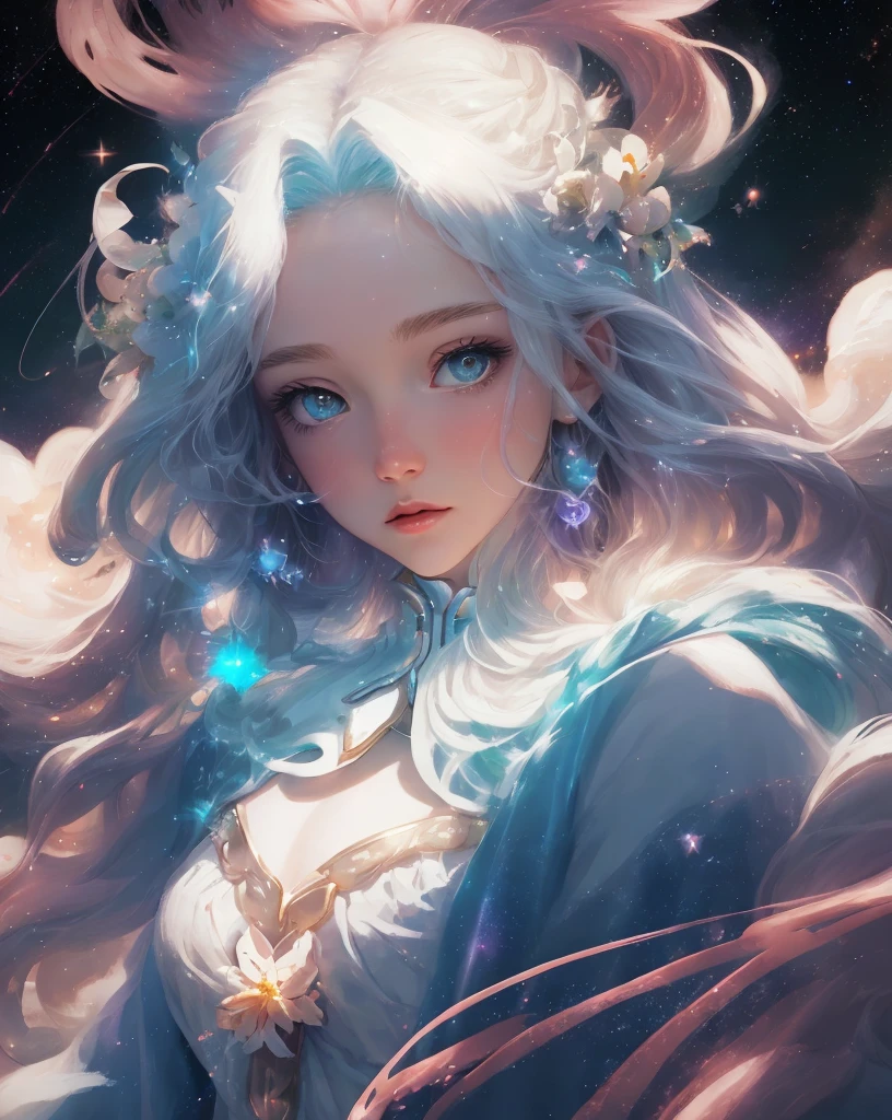 celestial goddess, floating, clouds,galaxy,nebula,big white flowers in hair