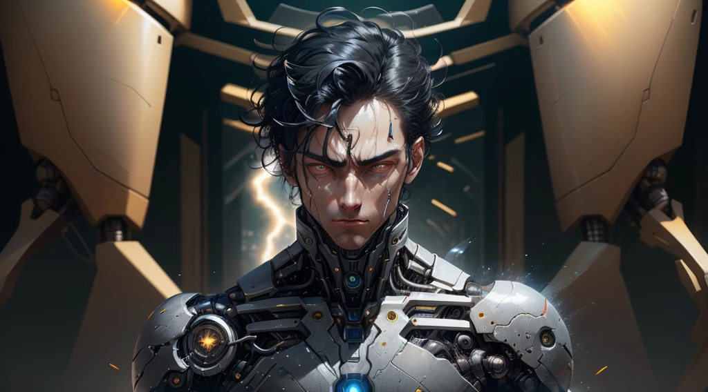 (robotic: 1.5) 1 man with eyes of light and face of anger, bright eyes, black hair, powerful supersuit tight torn, in a dark and lightless city, aura of brilliant power, dynamic pose, dynamic vision