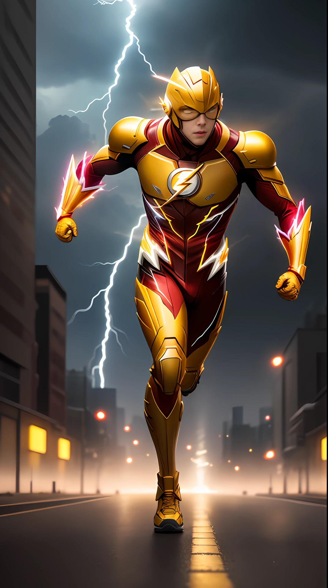 the flash , yellow armor, invoked mask, running, in the background a city, lightning in the sky, ultra details, ultra realistic, cinematic , octane render, 16k
