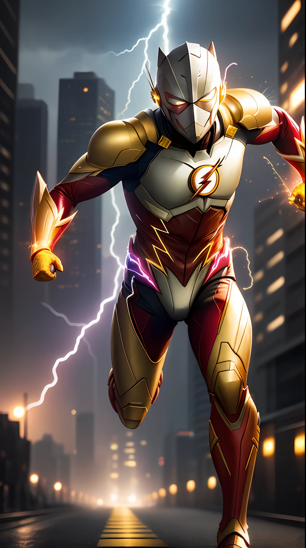 the flash , yellow armor, invoked mask, running, in the background a city, lightning in the sky, ultra details, ultra realistic, cinematic , octane render, 16k