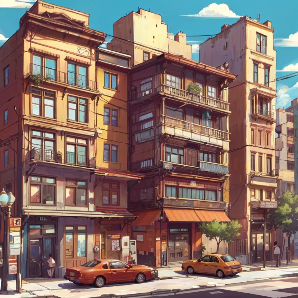 There are two cars parked on the street in front of a building, cityscape anime style, HD cityscape anime, City Street View background, photorealistic buildings, photorealistic cityscape, detailed 2D illustration, detailed bass. digital painting, antique apartment, highly detailed illustration, urban concept art, anime background art, street background, highly detailed composition, hyper detailed scene, inspired by Okumura Masanobu, inspired by Okumura Togyu, handsome anime man, cute anime pose, exuberant anime john 8k woods, hajime yatate, nobutaka ike, anime portrait of a cute guy,  Still Official Anime, Young Anime Man