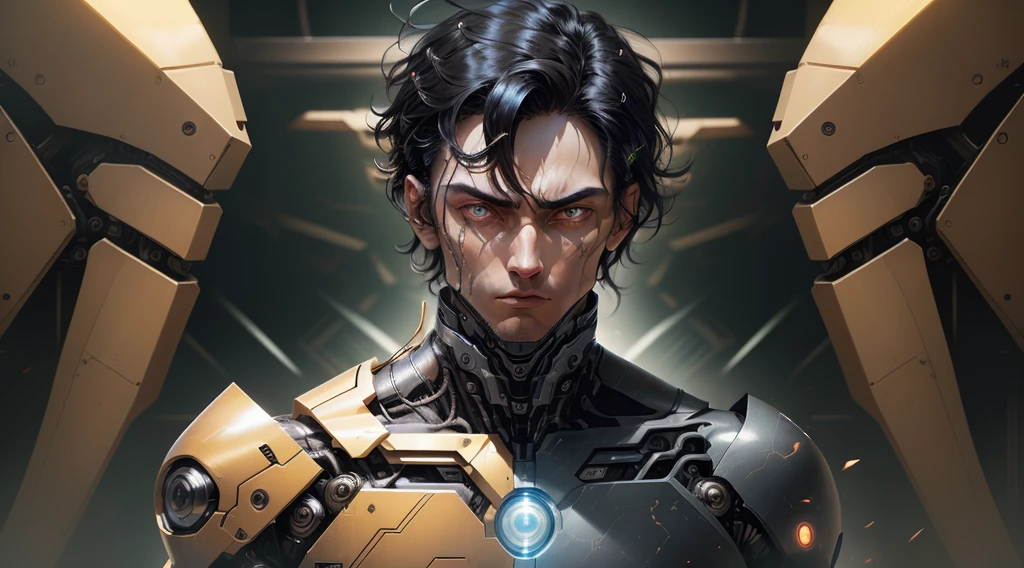 (robotic, empty place, inert: 1.5) 1 man with eyes of light and face of anger, bright eyes, black hair, powerful supersuit tight torn, in a dark and lightless city, aura of brilliant power, dynamic pose, dynamic vision