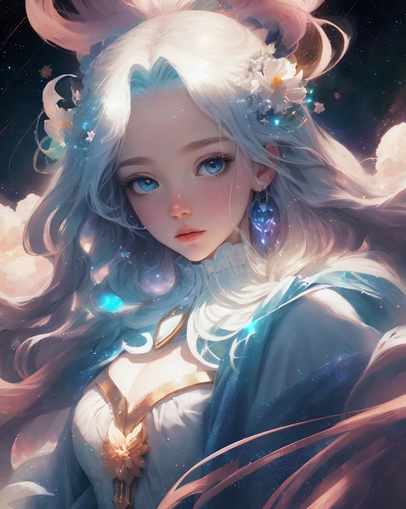 celestial goddess, floating, clouds,galaxy,nebula,big white flowers in hair