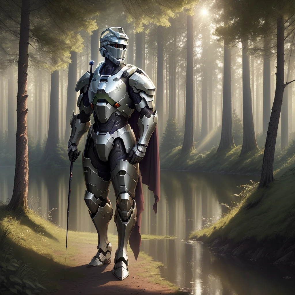 Full body view, High quality Shadows, Cinematic, Tall (Knight) fishing, open lake in forest, (Big Frame), SFW, ((masterpiece:1.3)), best quality, ultra-detailed, ((illustration)), (Ultra detailed), (masterpiece), (best quality), (very detailed CG unit 8k image), ((Halo above head)),