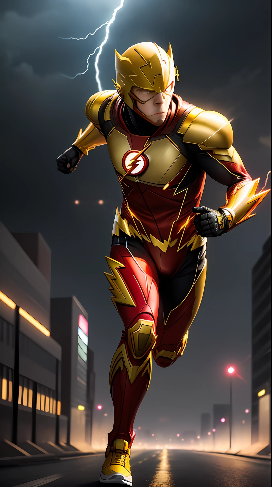 the flash , yellow armor, invoked mask, running, in the background a city, lightning in the sky, ultra details, ultra realistic, cinematic , octane render, 16k