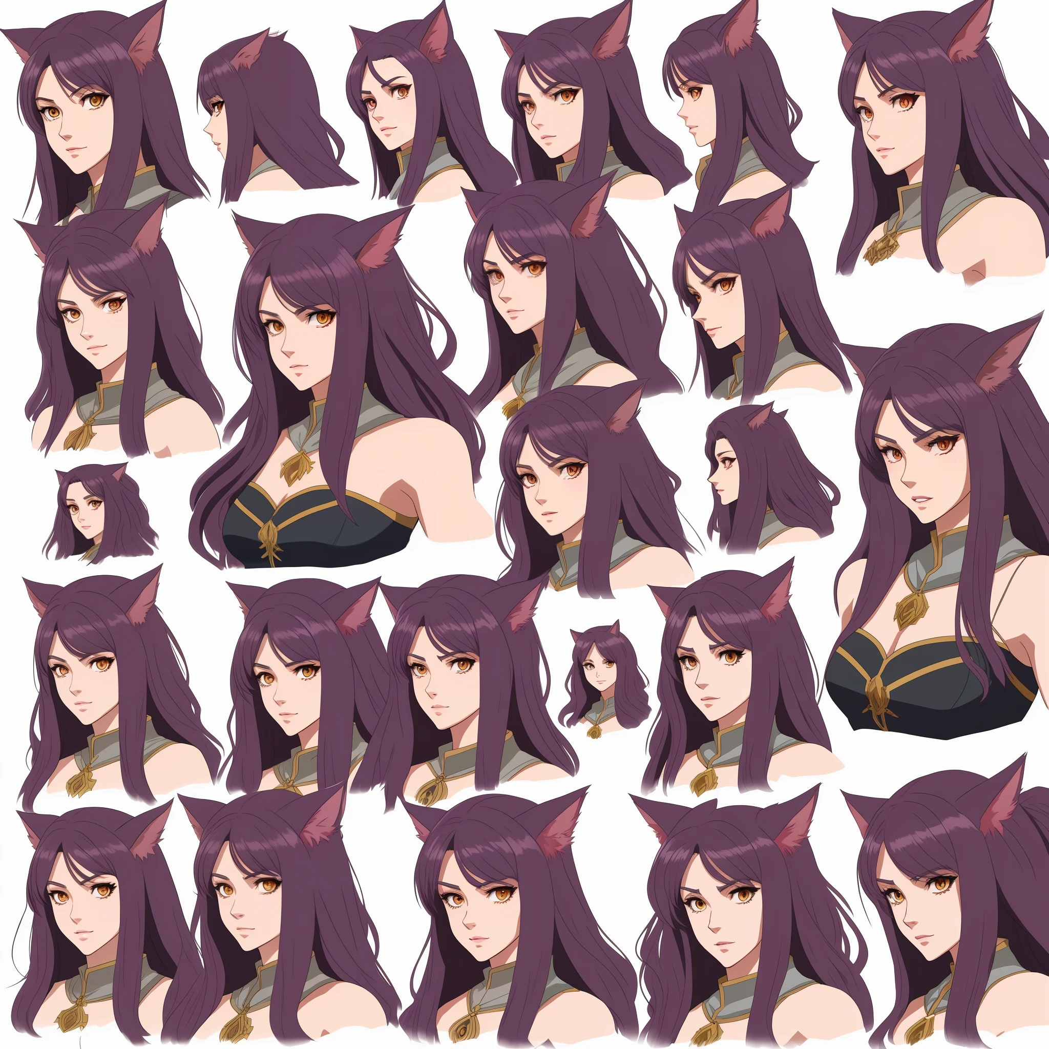 A female werewolf, model sheet, cheerful facial features, multiple angles, just the head, anime style, Castlevania anime style from netflix.