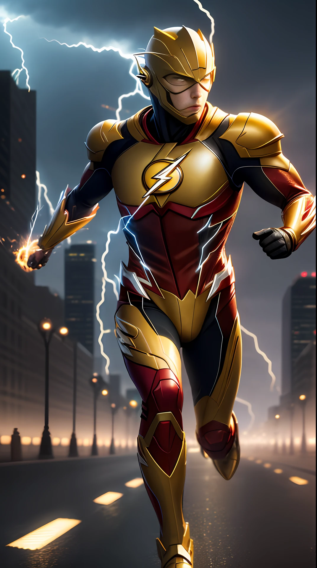 the flash , yellow armor, invoked mask, running, in the background a city, lightning in the sky, ultra details, ultra realistic, cinematic , octane render, 16k