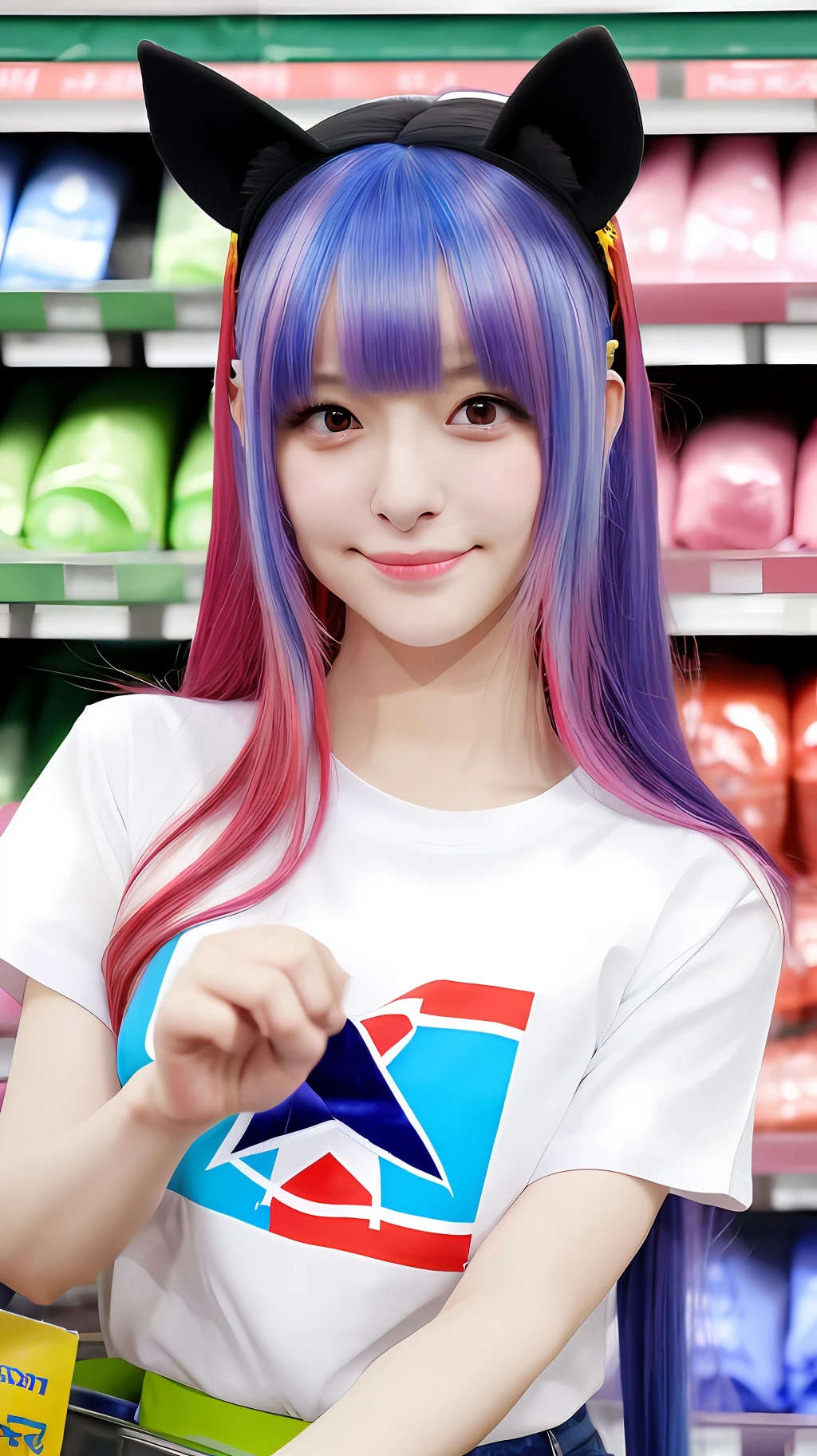 realistic photos of (1 cute Korean star) thin makeup, medium breasts size, slightly smile, t-shirt, at the store, colored inner hair, kanzashi, horse ears, kemonomimi mode, sideways, f/1.2, Nikon, Canon, motion blur, jpeg artifacts, UHD, retina, high details, best quality, highres, 8k, 16k
