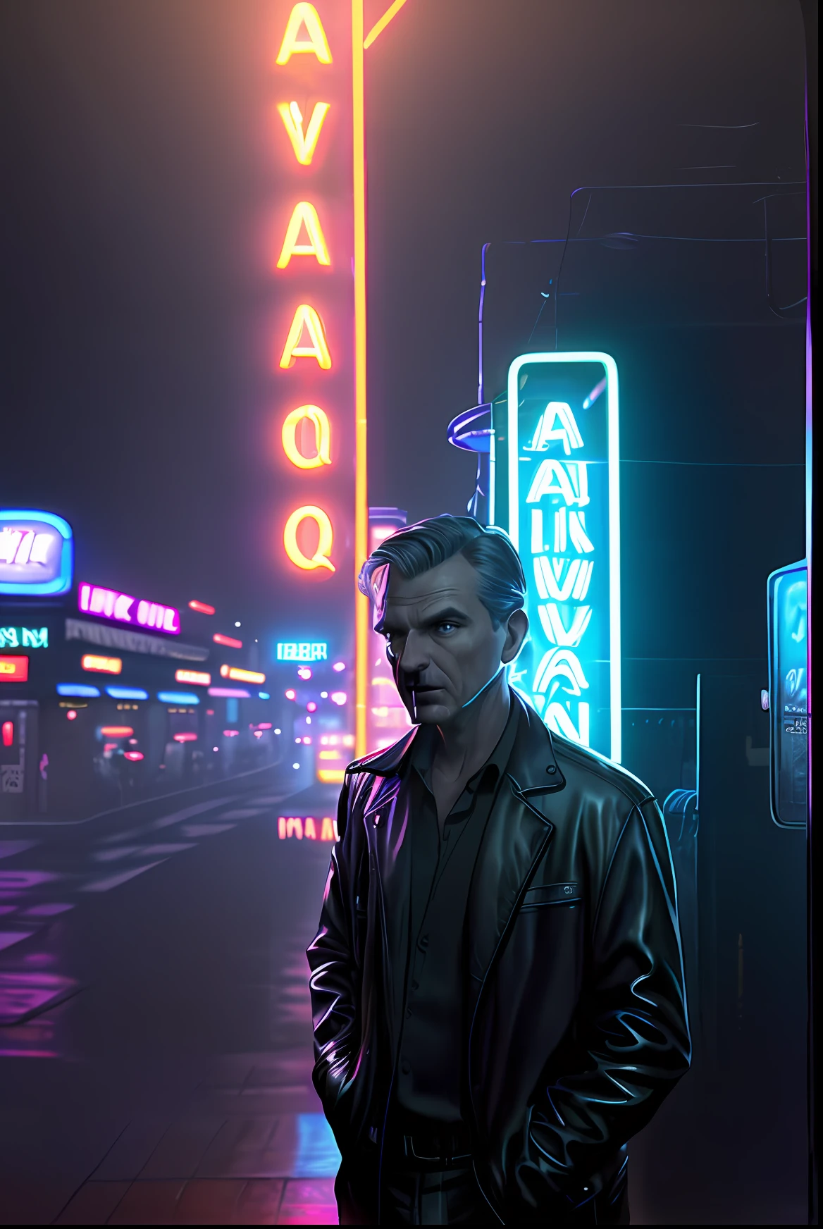 Smoking man leaning on black opal, dinner in background scenery and neon sign, neon lights, neo noir, noir, smoke, cigarette, foggy background, realistic, stylish, rutkowski, hdr, intricate details, hyperdetailed, cinematic, rim light, asphalt post rain, dark sky, dark atmosphere, dark city, night