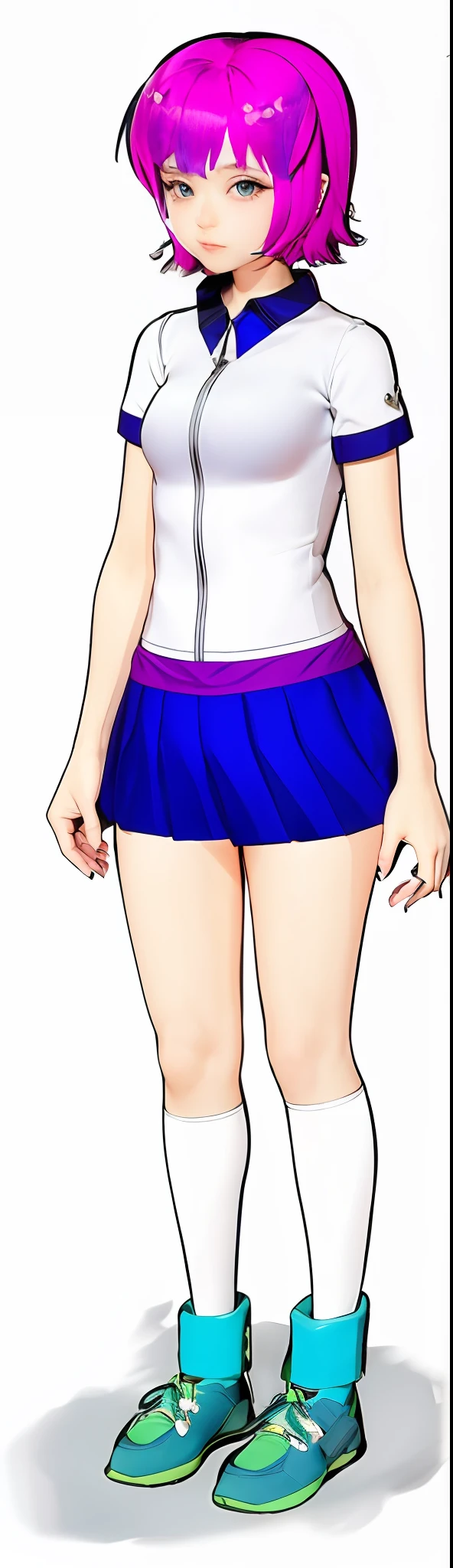 a cartoon of a woman with pink hair and a blue skirt, wearing a skirt, a blue skirt, wearing a skirt, wearing a tank top and skirt, full-body portrait of a short!, in a bright skirt, miniskirt, like an anime character, standing girl, short skirt, mini-skirt, anime-style character, magical school student uniform, 4k, super detailed, cute