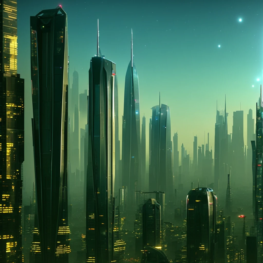 A futuristic alien city rises in the distance, its towering temple structures reaching towards the sky and casting an ominous shadow over the sci-fi landscape. One in particular, the largest building, is built into the side of ta cliff that seperates the city into two different heights. The streets are lined with sleek, futuristic buildings, their neon-lit windows glowing brightly against the dark night sky. A vista of this majestic city sprawls out before you, each towering skyscraper and towering monument a testament to the wonders of a futuristic setting. Take a stroll down a futuristic city street and feel the pulse of this bustling metropolis, or gaze out on the immense cityscape stretching out as far as the eye can see.