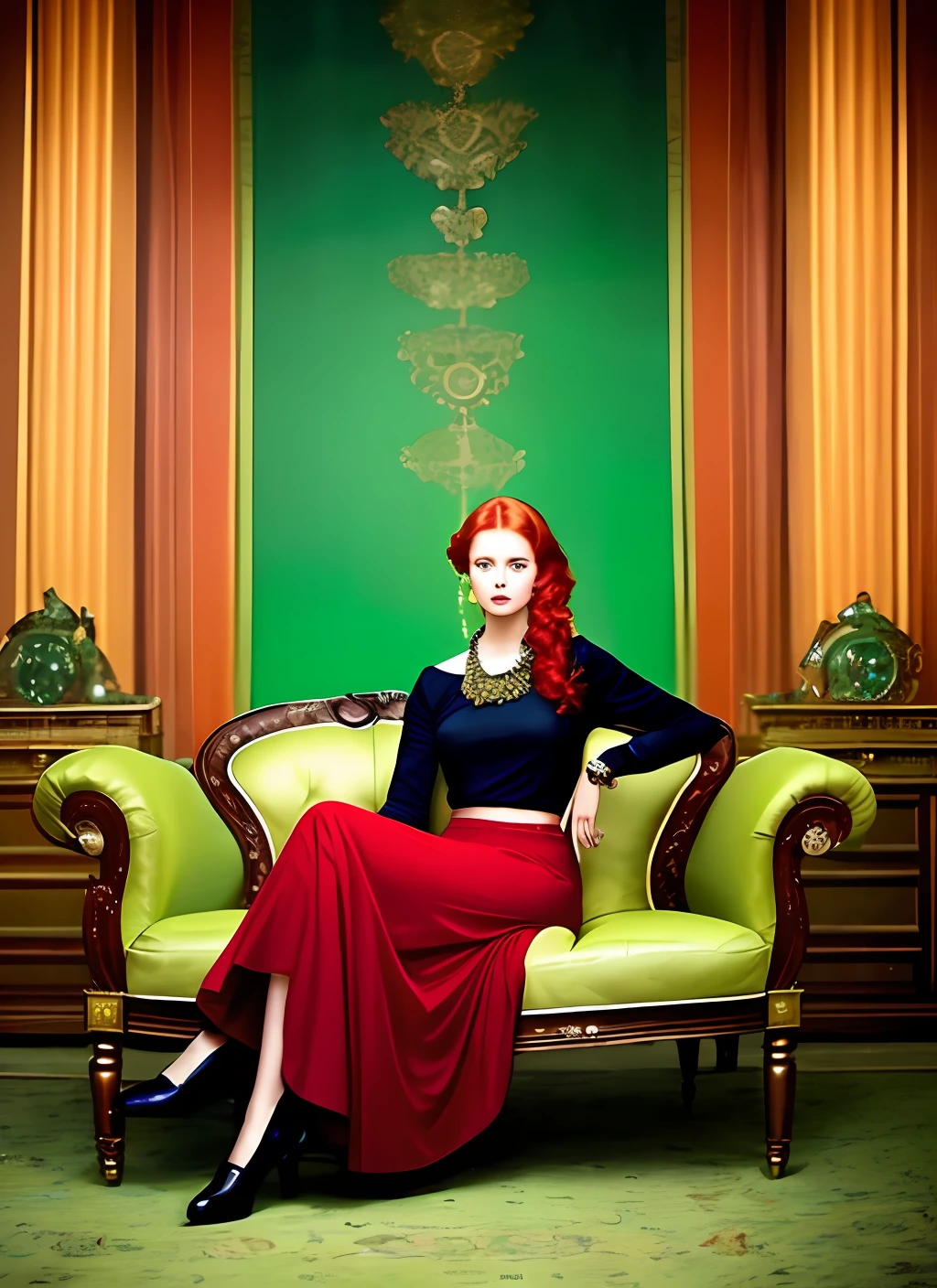 fking_scifi_v2, photorealistic portrait of a beautiful red hair woman sitting on a couch, wearing a long green skirt, a black cropped shirt, lots of colorful jewelry, a colorized photo by Claude Rogers, featured on flickr, kitsch movement, maximalist, studio portrait, rich color palette fking_cinema_v2