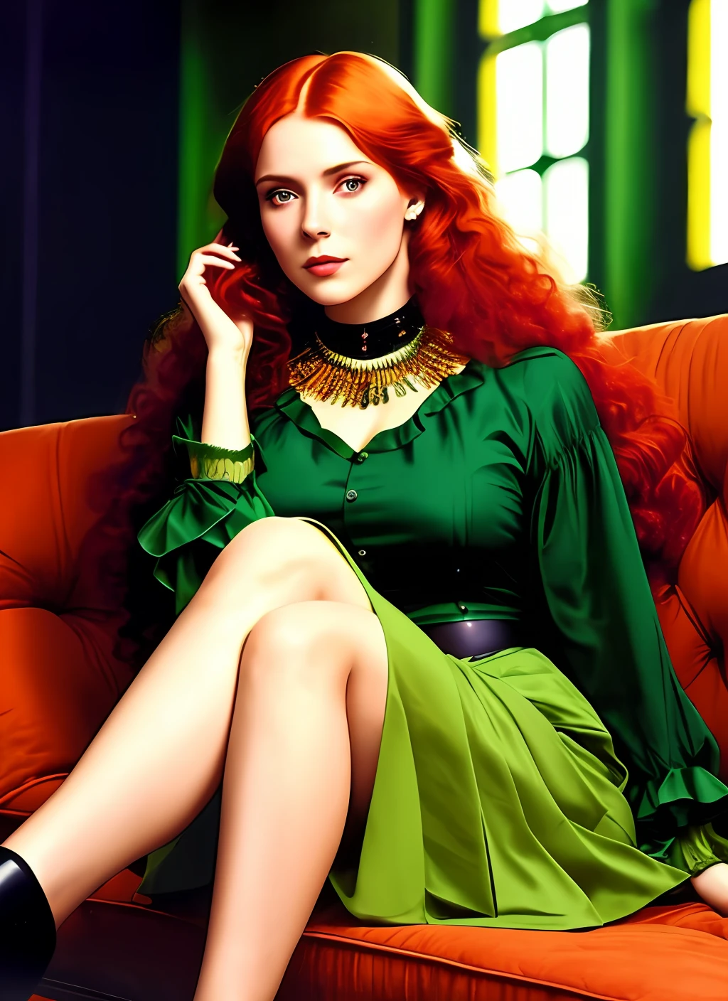 fking_scifi_v2, photorealistic portrait of a beautiful red hair woman sitting on a couch, wearing a long green skirt, a black cropped shirt, lots of colorful jewelry, a colorized photo by Claude Rogers, featured on flickr, kitsch movement, maximalist, studio portrait, rich color palette fking_cinema_v2