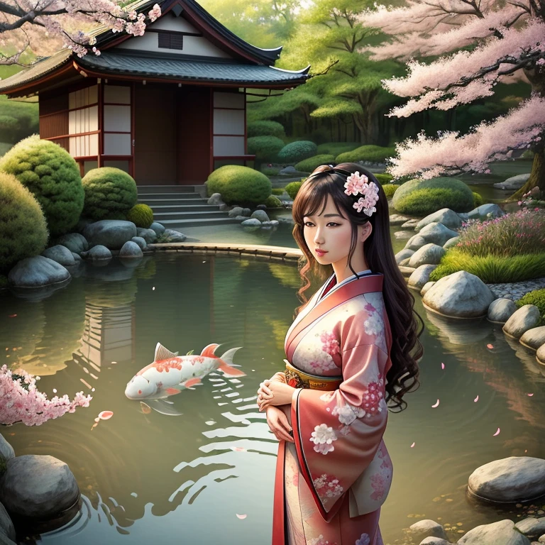 ((best quality)), ((masterpiece)), ((realistic cartoon)), ((perfect character)) serene Japanese garden, blooming cherry blossoms, tranquil koi pond, elegant kimono, intricate hair accessories, peaceful atmosphere, (8k Full HD), eye level, scenic, masterpiece