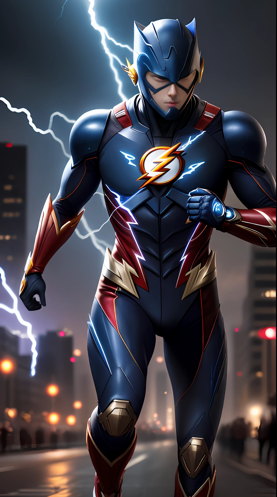 the flash , royal blue armor, invoked mask, running, in the background a city, lightning in the sky, ultra details, ultra realistic, cinematic , octane render, 16k