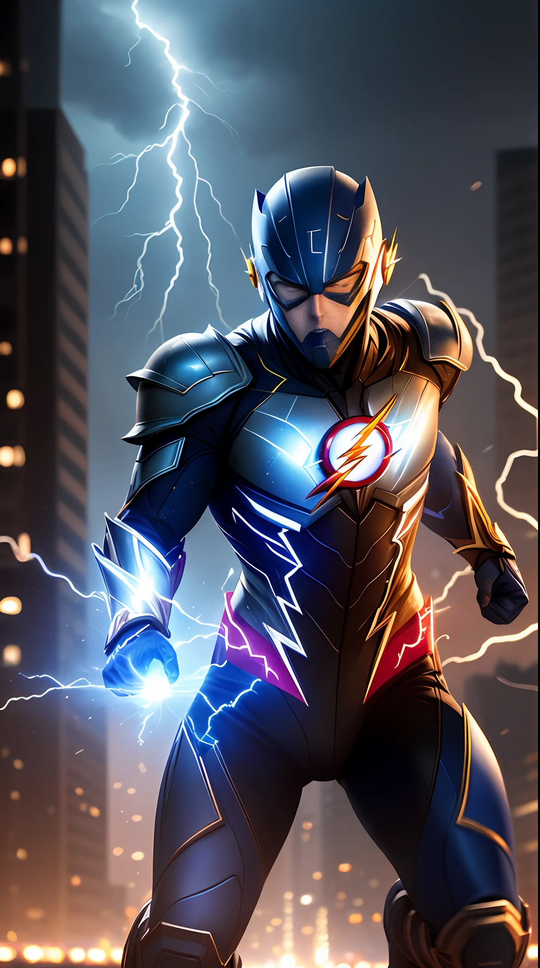 the flash , royal blue armor, invoked mask, running, in the background a city, lightning in the sky, ultra details, ultra realistic, cinematic , octane render, 16k
