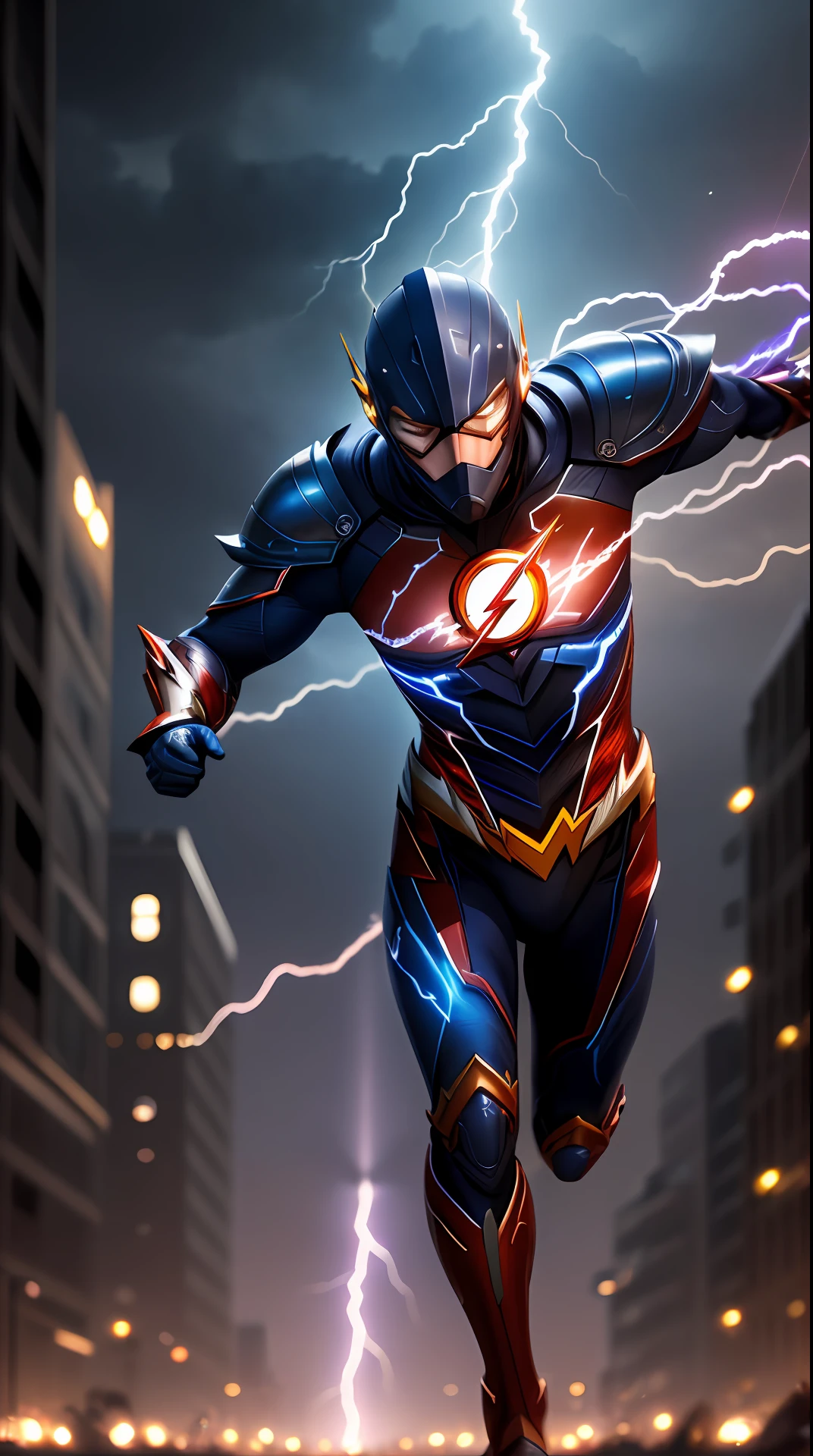the flash , royal blue armor, invoked mask, running, in the background a city, lightning in the sky, ultra details, ultra realistic, cinematic , octane render, 16k