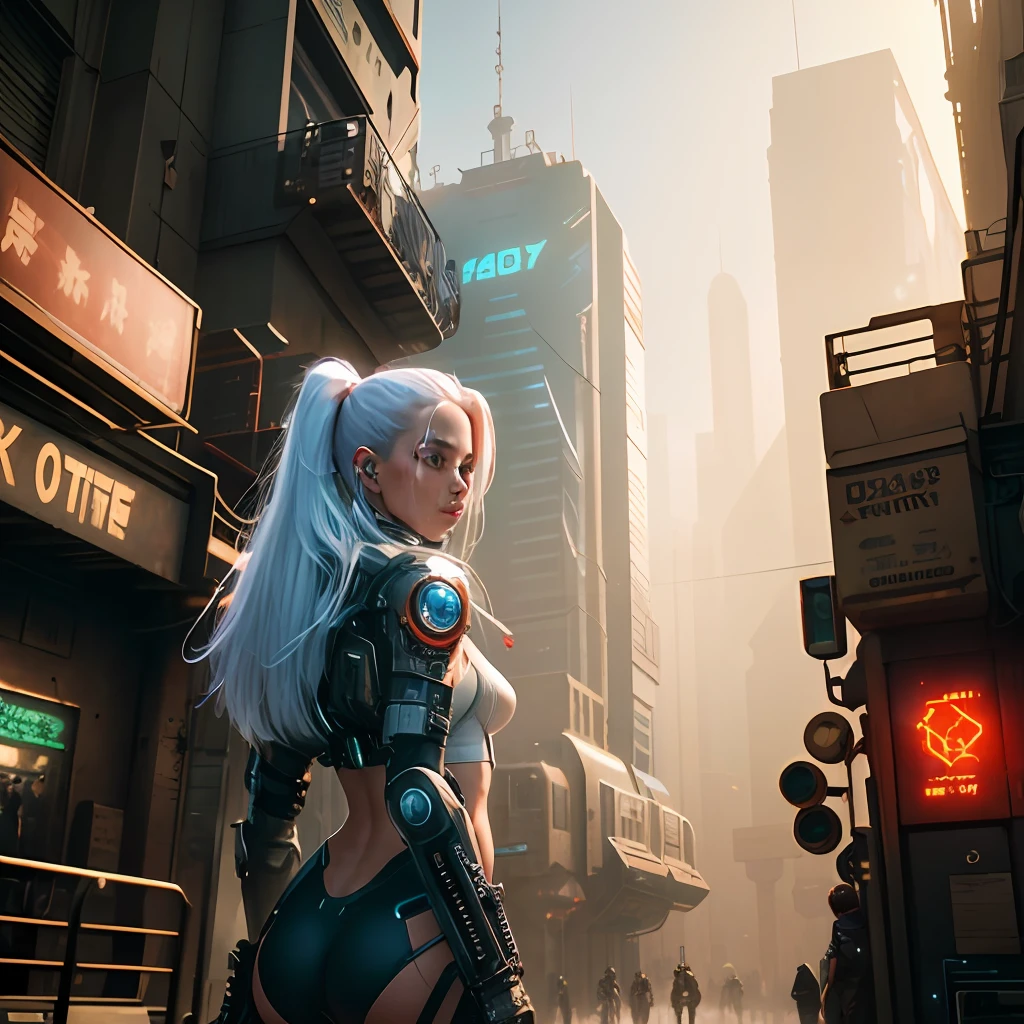 Dystopian, [sci-fi], High Detail RAW color Photo, full Shot of (cute female arterial intelligence, wearing see-through white chemise), outdoors, standing, long hair, toned physique, large ass, (pale skin), perfect face, (cybernetic implants:1.2), (augmentations), (cyborg:1.1), (detailed skin, diffused skin pores), silicone, metal, (highly detailed, fine details, intricate), (lens flare:0.5), (bloom:0.5), smog, dust, (badlands:0.8), (observitory:0.7), raytracing, specular lighting, shallow depth of field, photographed on a Sony Alpha 1, EF 85mm lens, f/2.8, hard focus, smooth, cinematic film still, [Cyberpunk:Orwelian:12]
(ultimate phtoreal Concept Art), cyberpunk environment:1.2, ([cyberpunk : fantasy : 25]), fantasy punk, asian punk, steam punk, 3D, space, sci-fi, vector, enviroment, cyberpunk, space station, fantasy town street on background, city lights background,