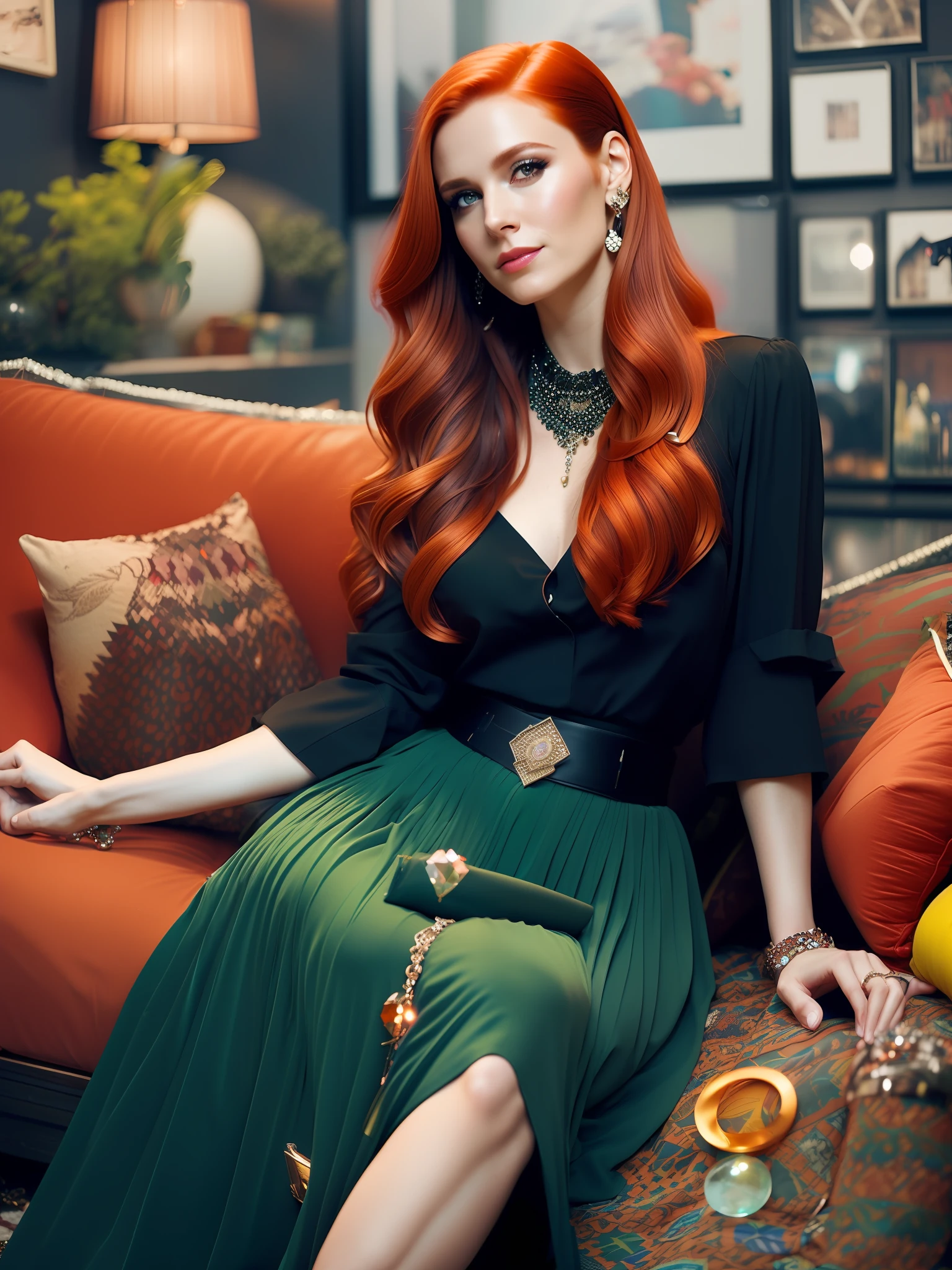 fking_scifi_v2, photorealistic portrait of a beautiful red hair woman sitting on a couch, wearing a long green skirt, a black cropped shirt, lots of colorful jewelry, a colorized photo by Claude Rogers, featured on flickr, kitsch movement, maximalist, studio portrait, rich color palette fking_cinema_v2