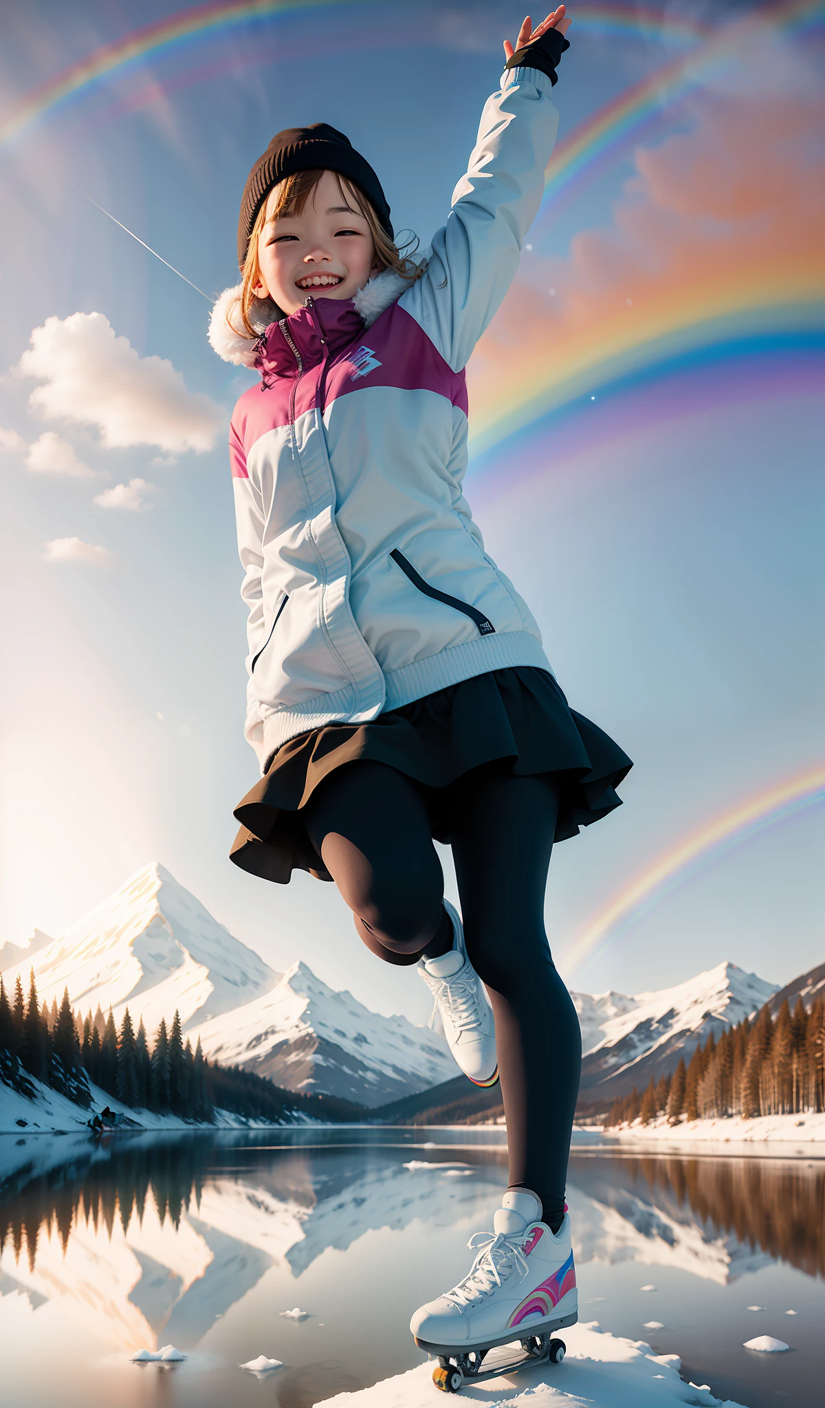 Girl skating on frozen lake, rainbow in background, sunny weather, falling snow