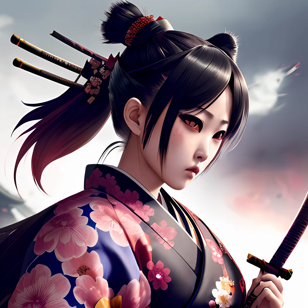 girl,samurai,(traditional_media,illustration:1.2),flowers in hair,kimono,wielding katanas,(oni, horns, detailed_eyes),fighting_pose ,(masterpiece,detailed,highres,cinematic,atmospheric:1.4)