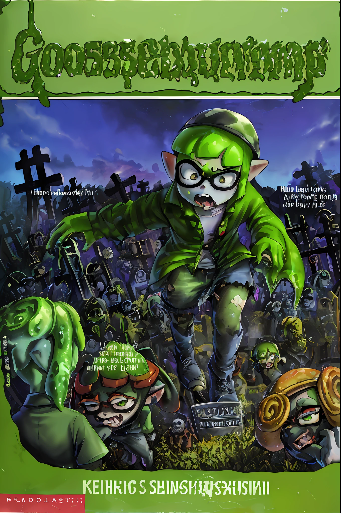 GoosebumpsBookCover attack of the graveyard ghouls,Inkling,splatoon,inkling,detailed,graveyard ghouls as inklings,a hand coming out of the ground,reaching out for you,with torn up clothes, wrinkly green skin,in the splatsville graveyard,walking towards inkpolis,with inklings boys and girls raising up from their gravestones with hands sticking out of ground on front of the tombstone