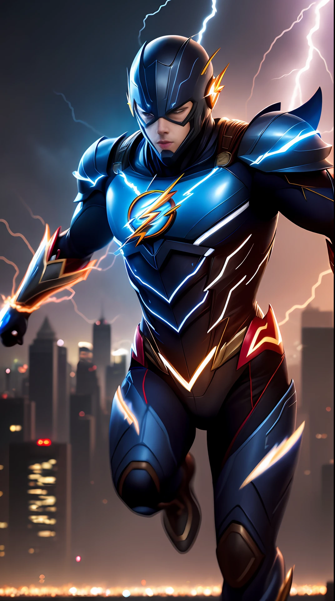 the flash , royal blue armor, invoked mask, running, in the background a city, lightning in the sky, ultra details, ultra realistic, cinematic , octane render, 16k