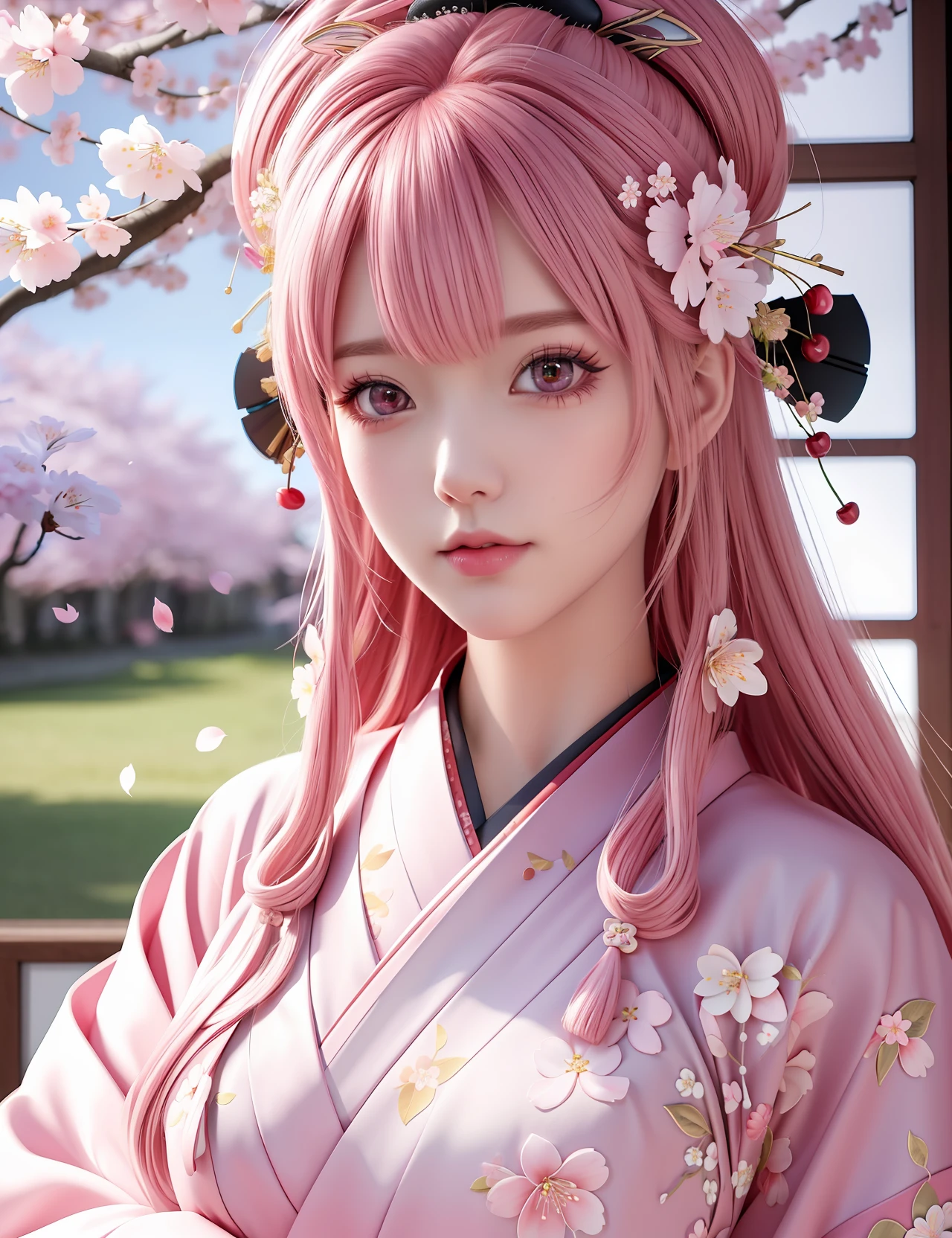 ((Realistic Cartoon)), ((Perfect Character)), ((Cherry Blossom Kimono)): a stunning and hyper-detailed illustration of an anime girl with pretty pink hair, dressed in a traditional cherry blossom kimono. You can see the intricate details of the character's eye makeup and the beautifully detailed coloring and texture of her big, expressive eyes. The intricate details of the outfit's embroidery, as well as the hair and makeup, make for a truly gorgeous artwork. Ultra HD, with a finely rendered face. Scenic, masterpiece.