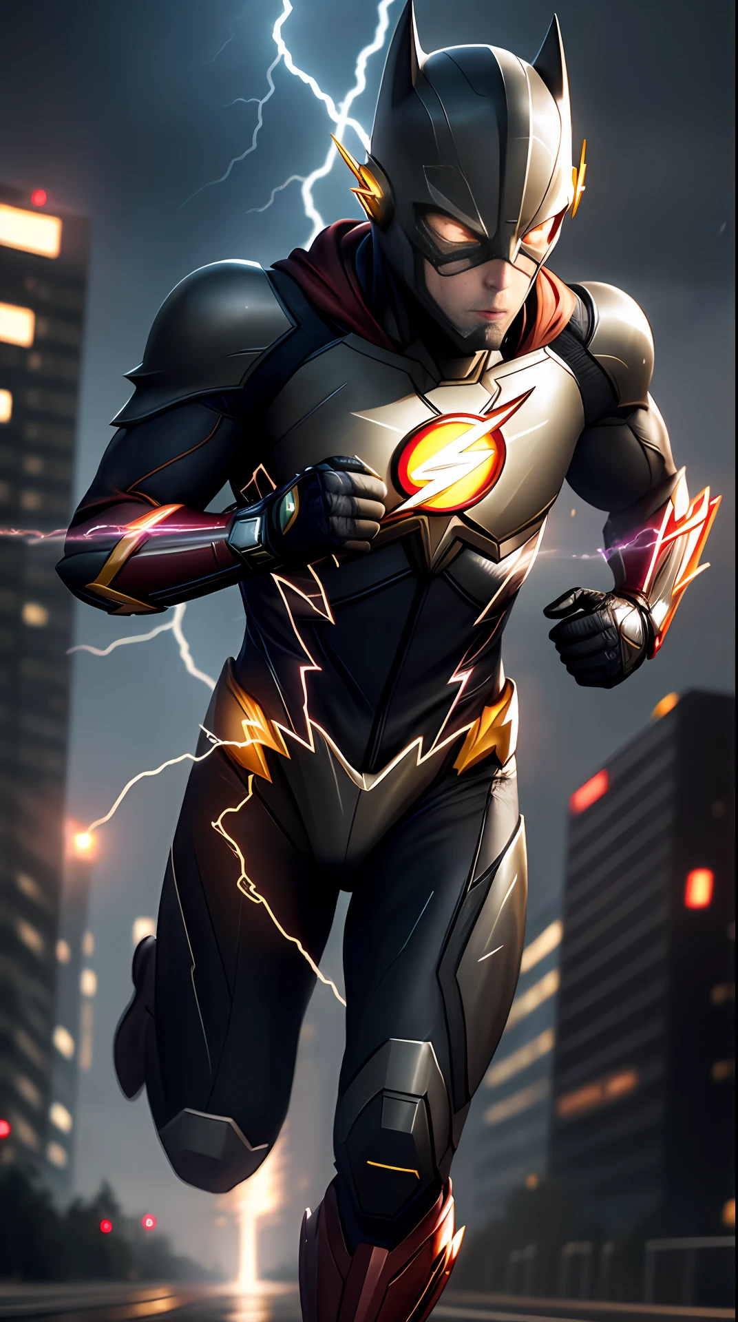 the flash , batman armor, invoked mask, running, in the background a city, lightning in the sky, ultra details, ultra realistic, cinematic , octane render, 16k
