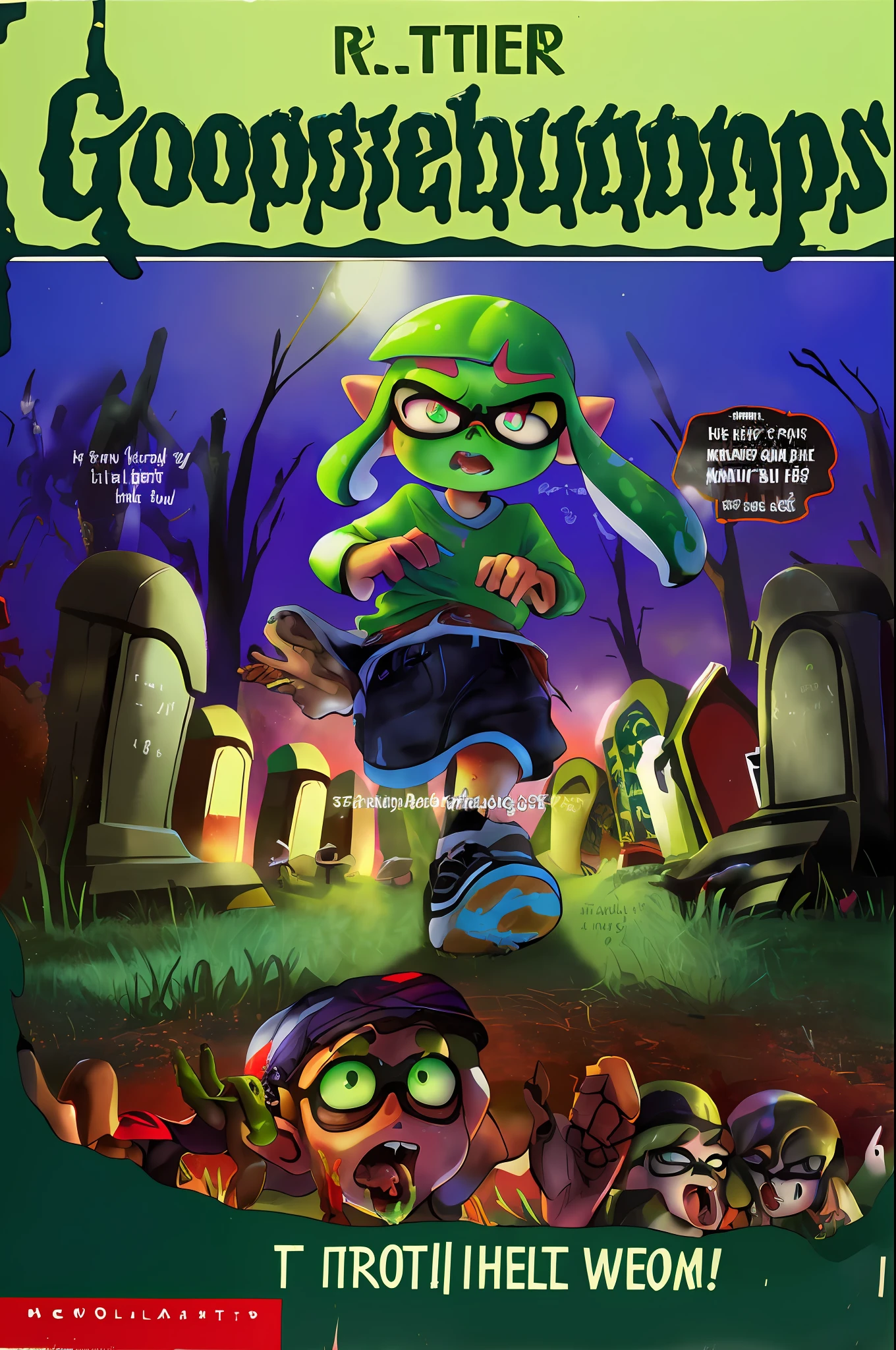 GoosebumpsBookCover attack of the graveyard ghouls,Inkling,splatoon,inkling,detailed,graveyard ghouls as inklings,a hand coming out of the ground,reaching out for you,with torn up clothes, wrinkly green skin,in the splatsville graveyard,walking towards inkpolis,with inklings boys and girls raising up from their gravestones with hands sticking out of ground on front of the tombstone,with a inkling zombie reaching out of a grave, reaching out for you