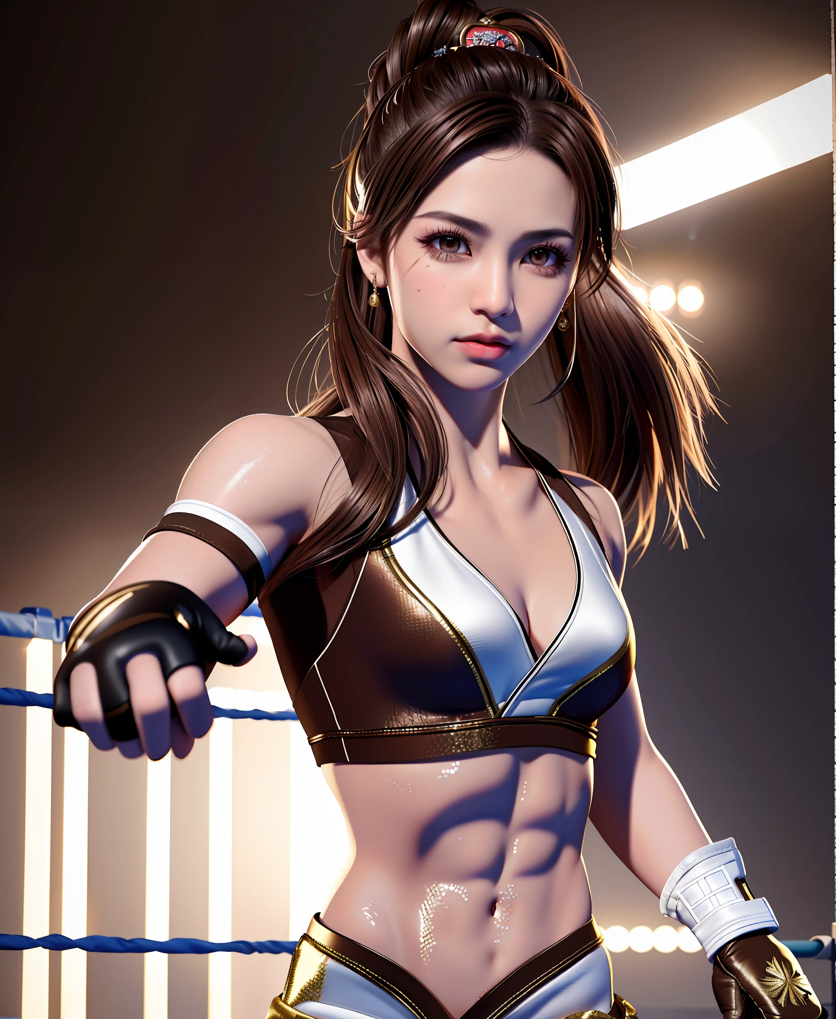 "Masterpiece, high quality, detailed, high resolution, 4k, 8k, realistic skin texture, amazing shadows, perfect lighting, hyper-realistic." A female boxing fighter (Chinese brown eyes, eye shadow, gloves, white light skin, small breasts, toned abs), in a boxing ring, crowd on the background, fight night