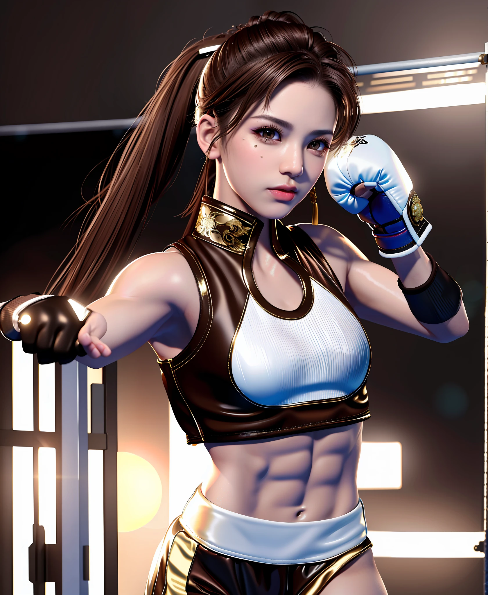 "Masterpiece, high quality, detailed, high resolution, 4k, 8k, realistic skin texture, amazing shadows, perfect lighting, hyper-realistic." A female boxing fighter (Chinese brown eyes, eye shadow, gloves, white light skin, small breasts, toned abs), in a boxing ring, crowd on the background, fight night