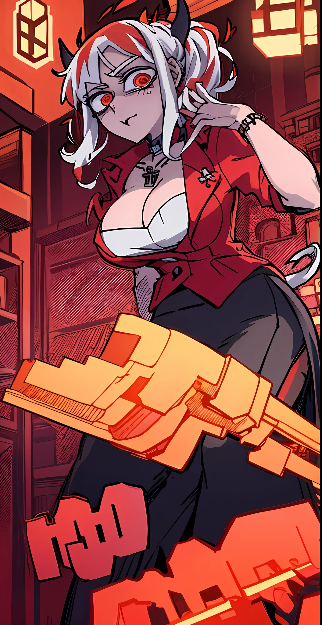 masterpiece, best quality, Modeus \(helltaker\), horns, red hair, demon girl, 1girl, full body, secretary outfit, black skirt, pantyhose, white shirt, heels, demon horns, gigantic breasts, pink eyes, long hair, black horns, hair over one eye, piercing, jewelry, tail, demon tail, choker, lip piercing, necklace, gigantic breasts,