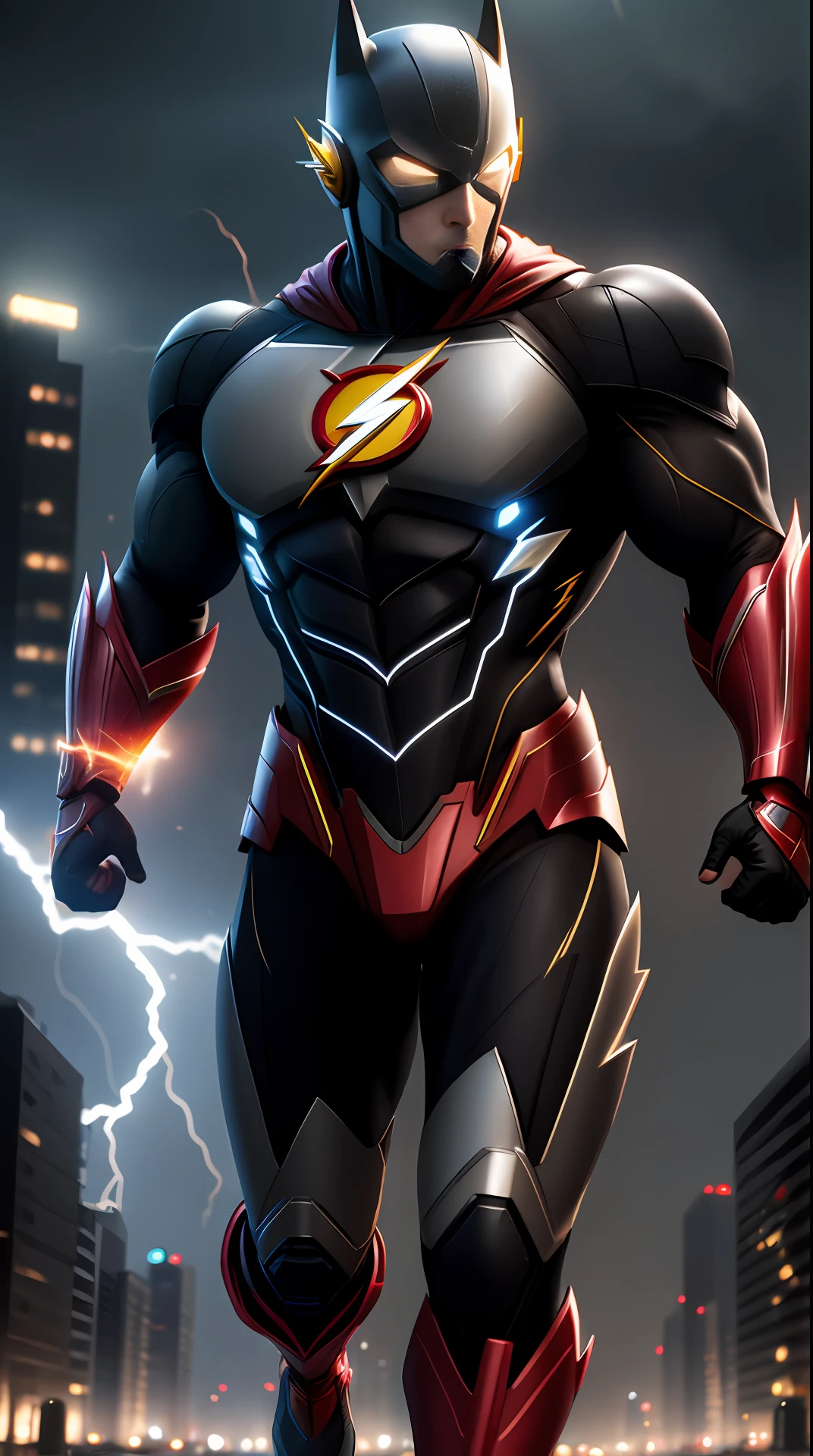 the flash , batman armor, invoked mask,bodybuilder, running, in the background a city, lightning in the sky, ultra details, ultra realistic, cinematic , octane render, 16k