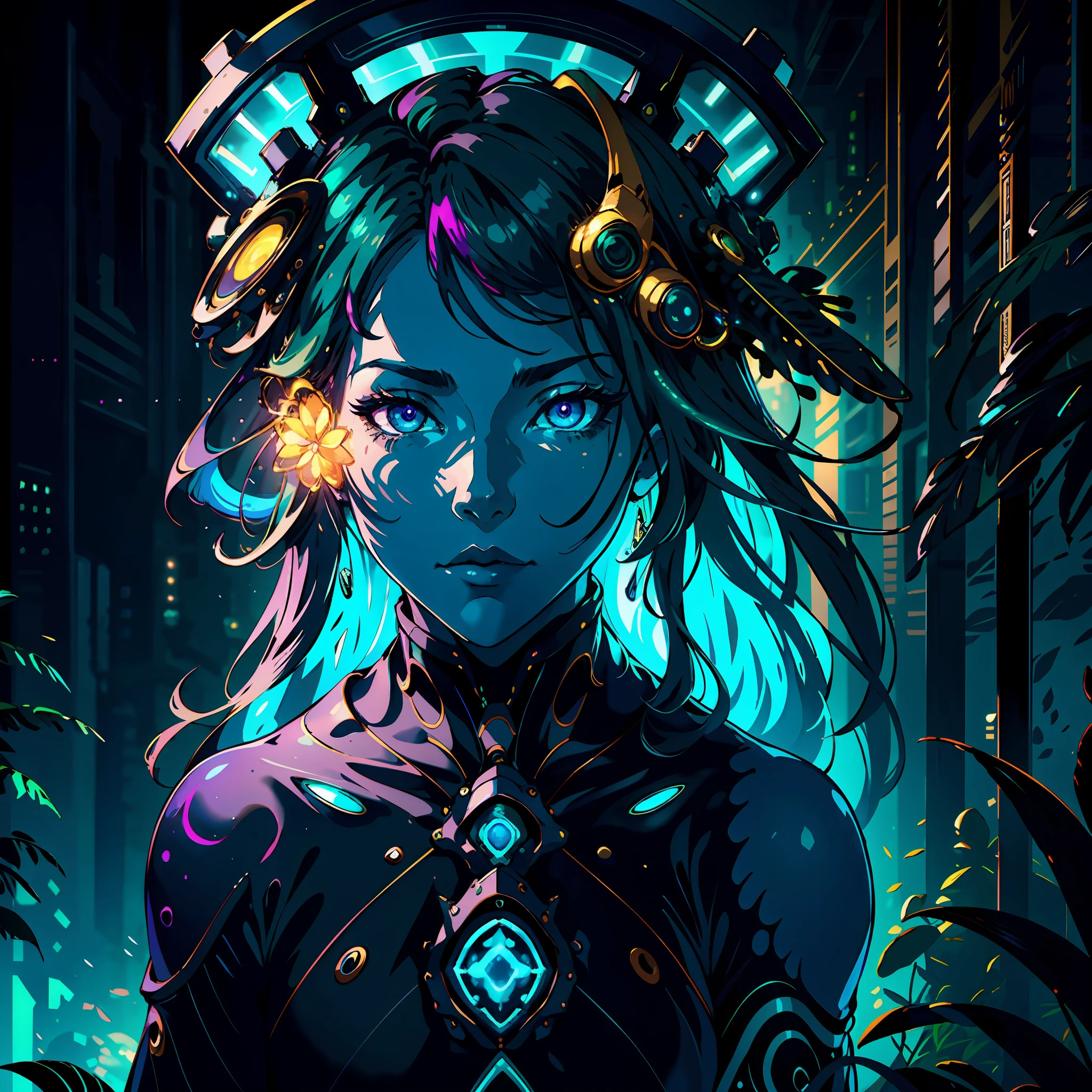 portrait | wide angle shot of eyes off to one side of frame, lucid dream-like woman, looking off in distance ::8 style | daydreampunk with glowing skin and eyes, styled in headdress, beautiful, she is dripping in neon lights, very colorful blue, green, purple, bioluminescent, glowing ::8 background | forest, vivid neon wonderland, particles, blue, green, purple ::7 parameters | rule of thirds, golden ratio, assymetric composition, hyper- maximalist, octane render, photorealism, cinematic realism, unreal engine, 8k