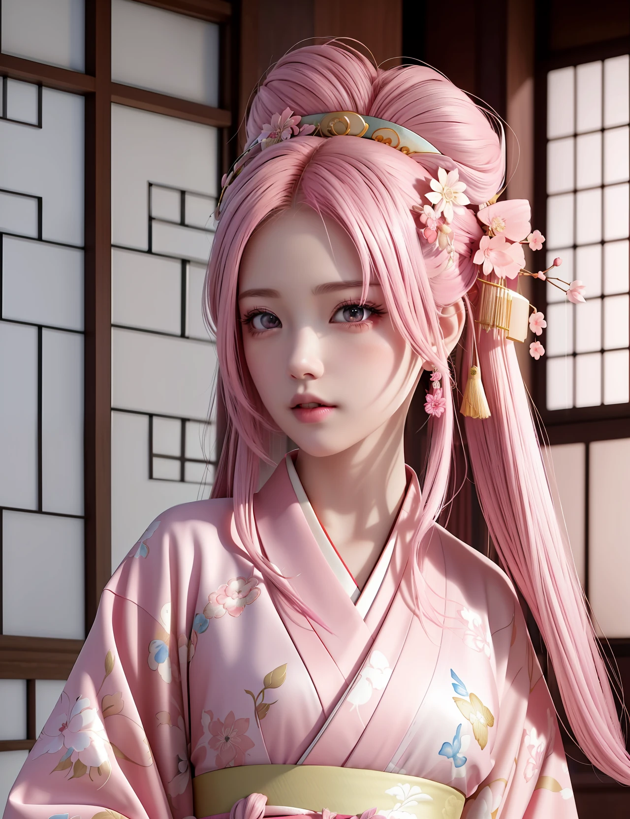 ((Best Quality)), ((Masterpiece)), ((Realistic Cartoon)), ((Pink Hair and Kimono)): a breathtakingly realistic and cinematic illustration of a beautiful girl with pink hair wearing a kimono. The digital art features ultra-detailed hair, expertly illuminated with dynamic lighting that creates a dramatic effect. Even the tiniest details of the girl's eyes are expertly rendered, with hyper-detailed coloring and texture that brings them to life. The intricate details of the kimono's fabric and designs also expertly rendered for a stunning visual experience that truly a masterpiece. Scenic, masterpiece.