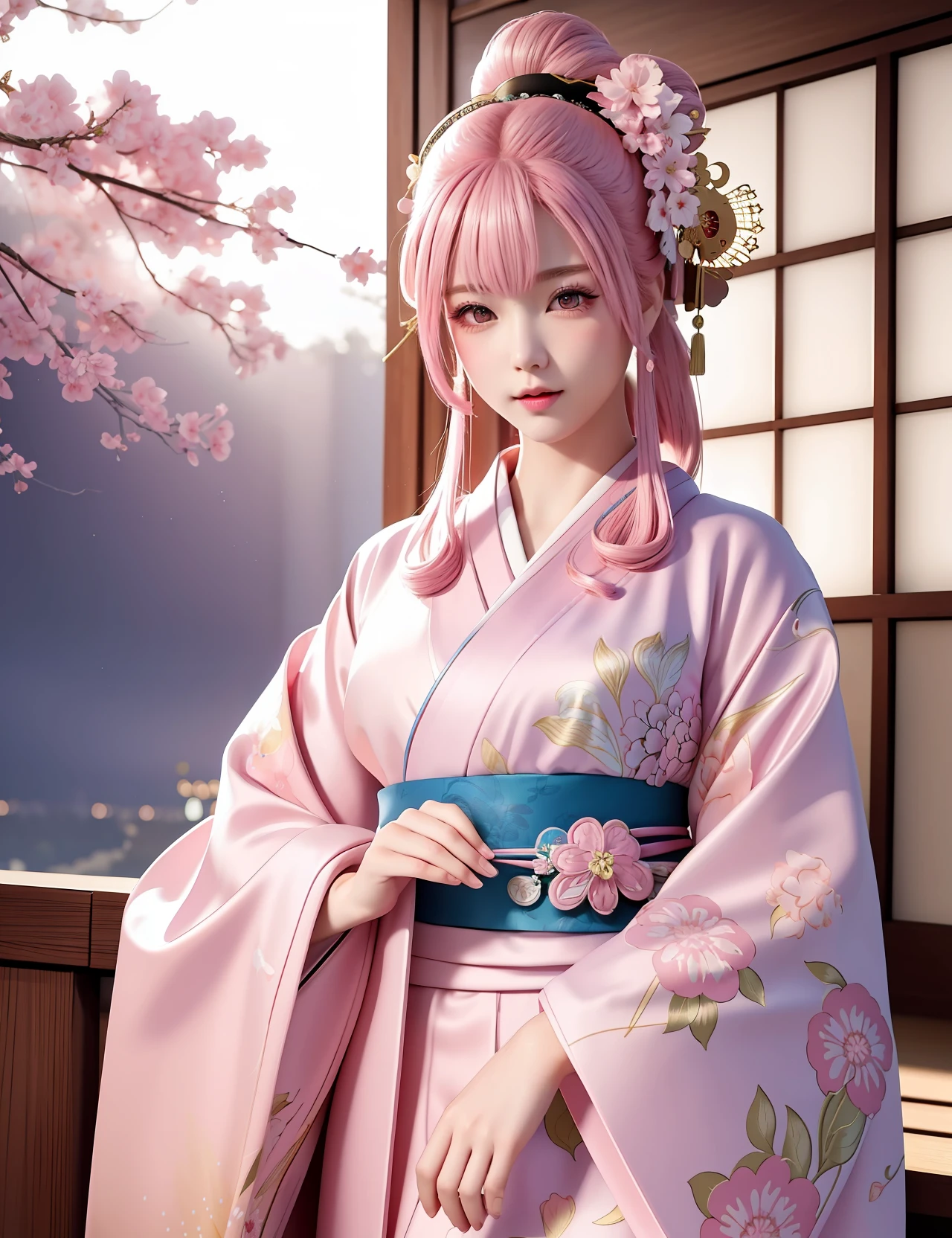 ((Best Quality)), ((Masterpiece)), ((Realistic Cartoon)), ((Pink Hair and Kimono)): a breathtakingly realistic and cinematic illustration of a beautiful girl with pink hair wearing a kimono. The digital art features ultra-detailed hair, expertly illuminated with dynamic lighting that creates a dramatic effect. Even the tiniest details of the girl's eyes are expertly rendered, with hyper-detailed coloring and texture that brings them to life. The intricate details of the kimono's fabric and designs also expertly rendered for a stunning visual experience that truly a masterpiece. Scenic, masterpiece.