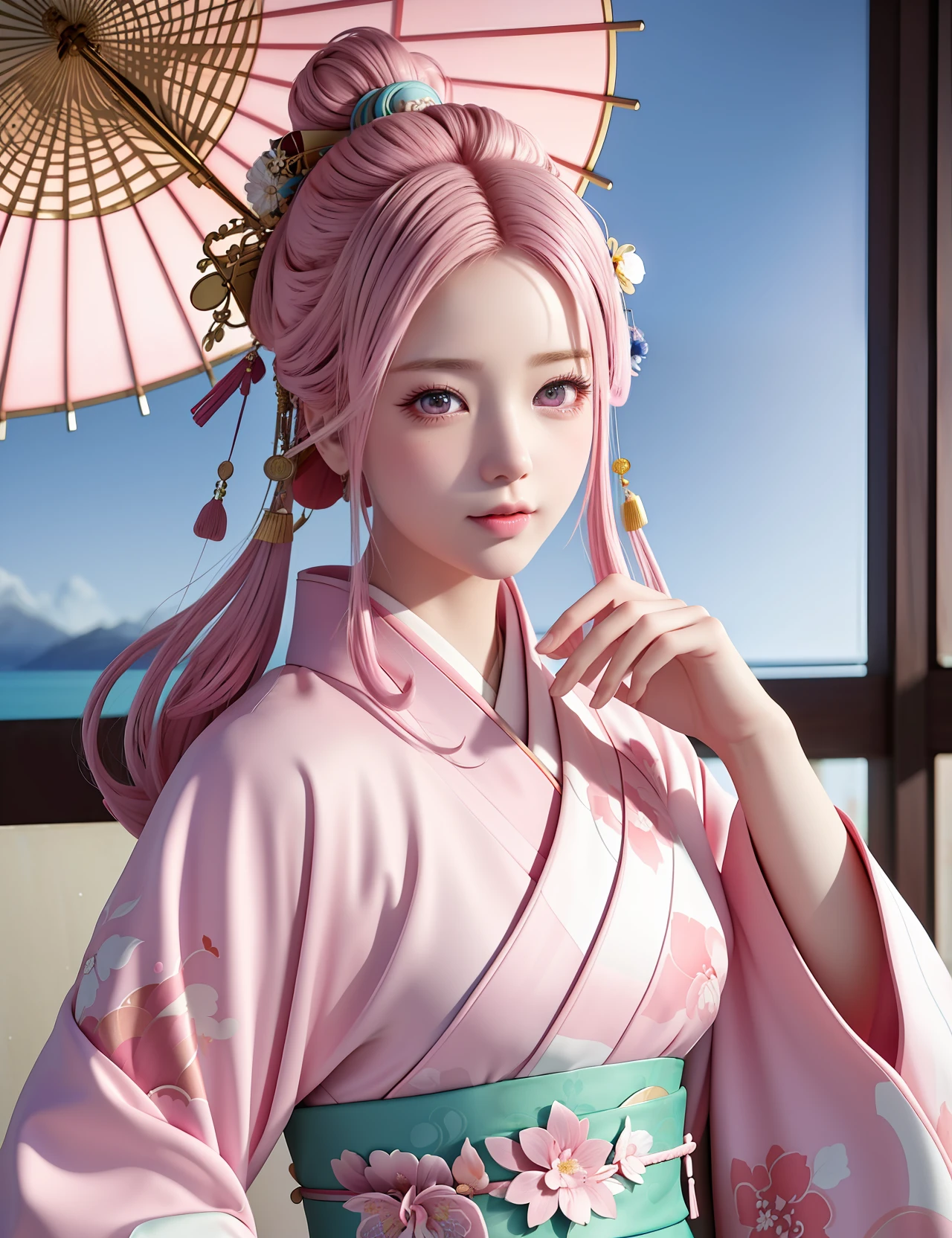 ((Best Quality)), ((Masterpiece)), ((Realistic Cartoon)), ((Pink Hair and Kimono)): a breathtakingly realistic and cinematic illustration of a beautiful girl with pink hair wearing a kimono. The digital art features ultra-detailed hair, expertly illuminated with dynamic lighting that creates a dramatic effect. Even the tiniest details of the girl's eyes are expertly rendered, with hyper-detailed coloring and texture that brings them to life. The intricate details of the kimono's fabric and designs also expertly rendered for a stunning visual experience that truly a masterpiece. Scenic, masterpiece.