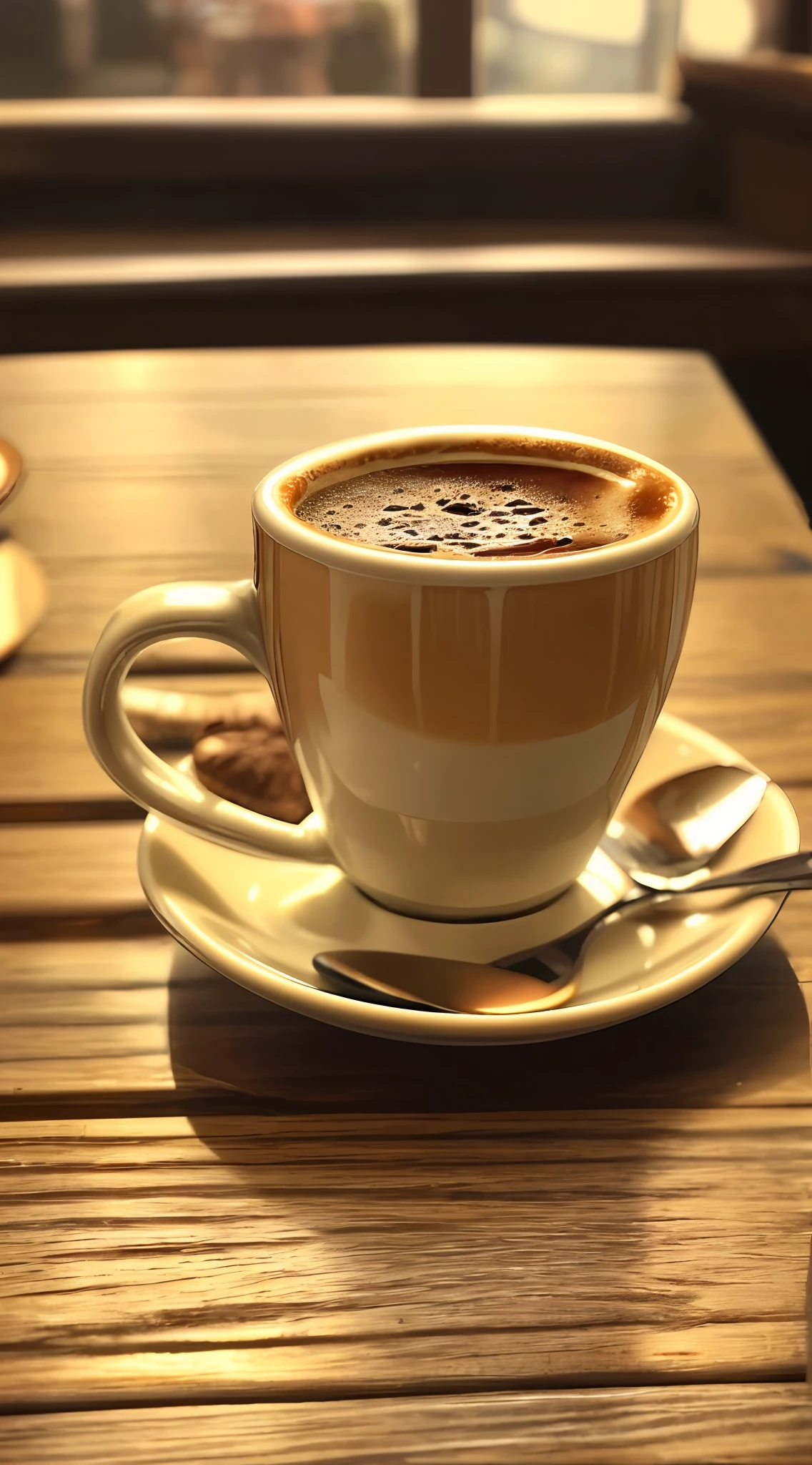 there is a cup of coffee on a saucer on a table, hot coffee, cup of coffee, morning coffee, coffee cup, coffee, huge cup of coffee, hot cocoa drink, cappuccino, drinking a cup of coffee, morning, steaming coffee, hard morning light, with a cup of hot chocolate, sitting on a mocha-colored table, morning golden hour