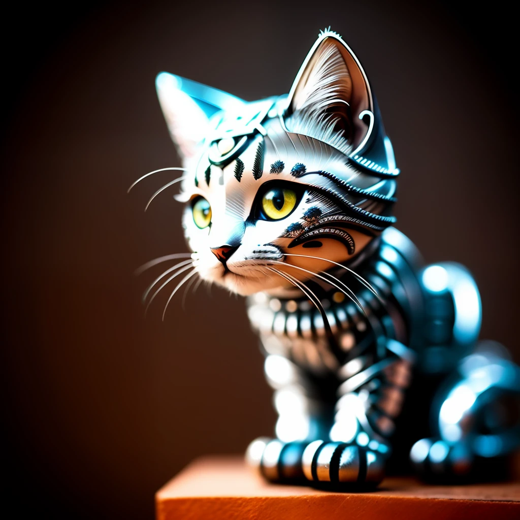 a cute kitten made out of metal, (cyborg:1.1), ([tail | detailed wire]:1.3), (intricate details), hdr, (intricate details, hyperdetailed:1.2), cinematic shot, vignette, centered