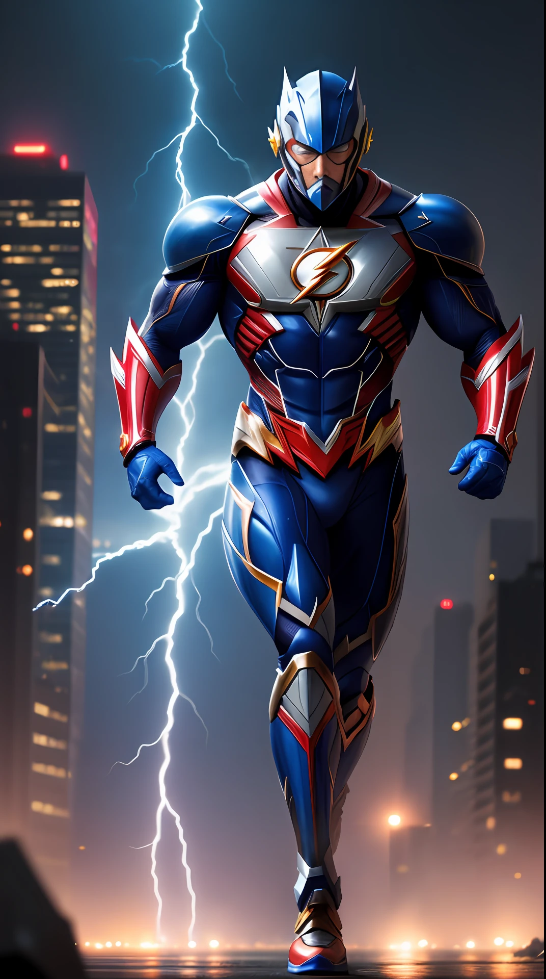 the flash , royal blue armor, invoked mask,bodybuilder, running, in the background a city, lightning in the sky, ultra details, ultra realistic, cinematic , octane render, 16k