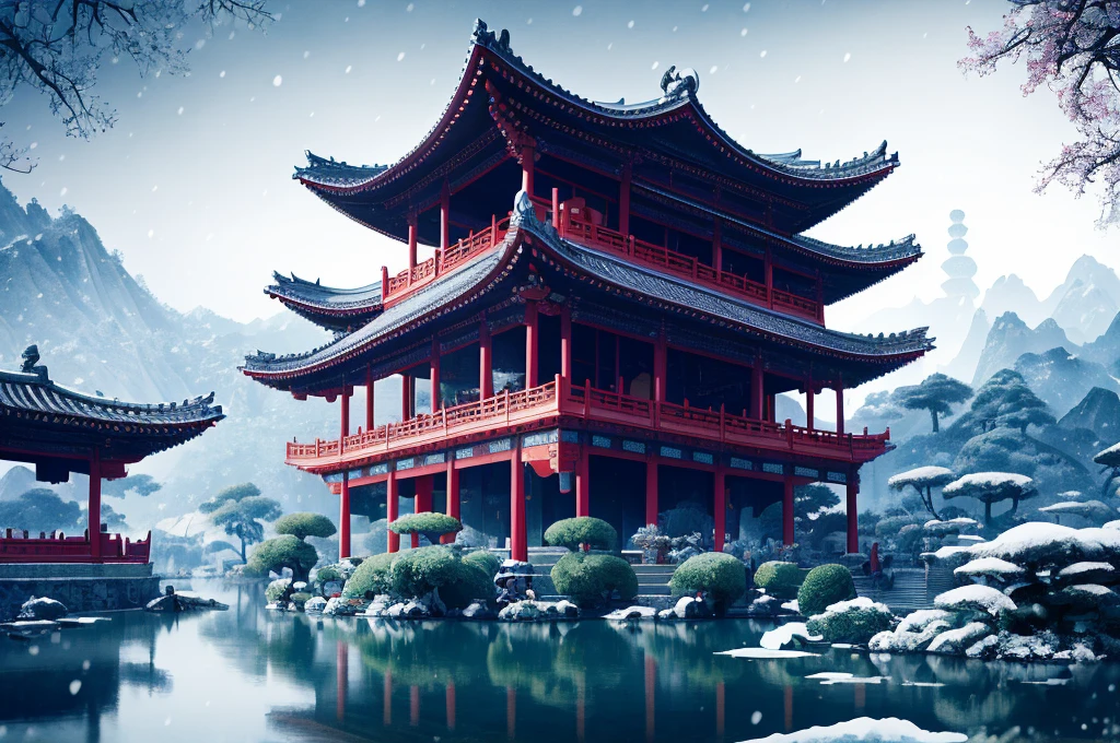 Masterpiece, best quality, high quality, extremely detailed CG unity 8k wallpaper, classical Chinese garden, landscape, Suzhou, winter, ((snowing)), outdoor, sky, daytime, landscape, water, tree, blue sky, waterfall, nature, lake, river, cloudy sky, award winning photography, bokeh, depth of field, HDR, bloom, chromatic aberration, realism, very detailed, trends on artstation, trends on CGsociety, intricate, high detail, dramatic, Midjourney art
