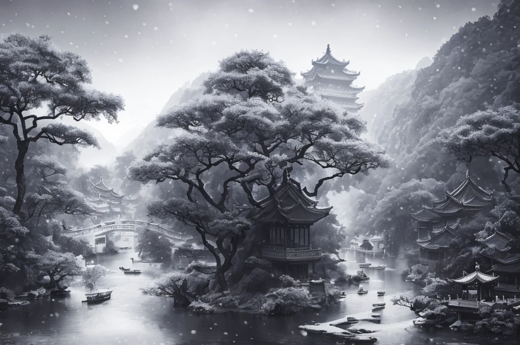Masterpiece, best quality, high quality, extremely detailed CG unity 8k wallpaper, classical Chinese garden, landscape, Suzhou, winter, ((snowing)), outdoor, sky, daytime, landscape, water, tree, blue sky, waterfall, nature, lake, river, cloudy sky, award winning photography, bokeh, depth of field, HDR, bloom, chromatic aberration, realism, very detailed, trends on artstation, trends on CGsociety, intricate, high detail, dramatic, Midjourney Art, {Ink Painting}, (Black and White Effect)