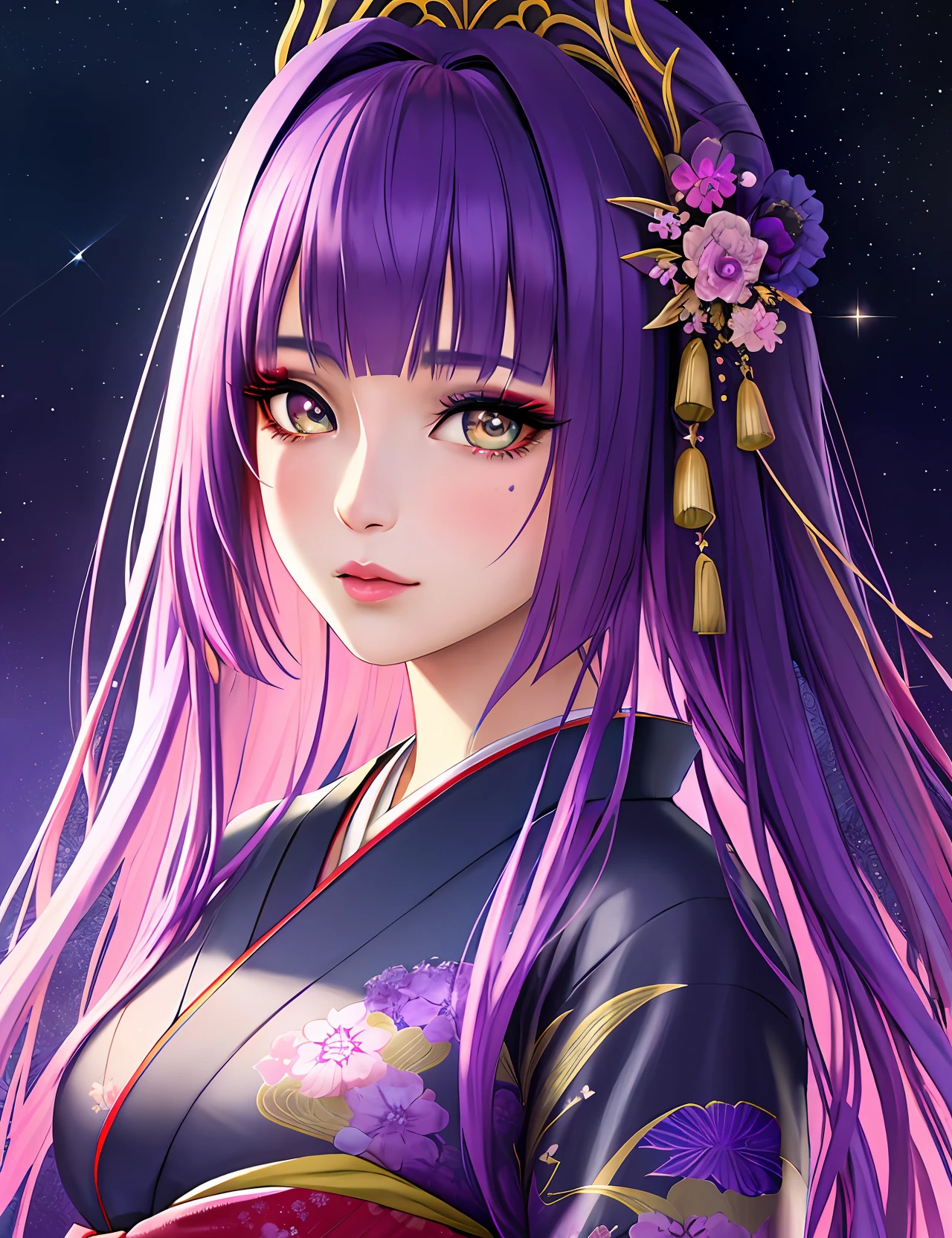 ((Realistic Cartoon)), ((Perfect Character)), ((Twilight Kimono)): a stunning and enchanting illustration of an anime girl wearing a twilight-colored kimono. The artwork captures the perfect balance between the detailed features of the character's face and the intricacy of the kimono. You can see every of her beautiful eyes, from the sparkle in them to the hyper-detailed coloring and texture of her irises. The attention to detail in the eyes, makeup, and hair makes for ultra-detailed, breathtaking artwork. Scenic, masterpiece.