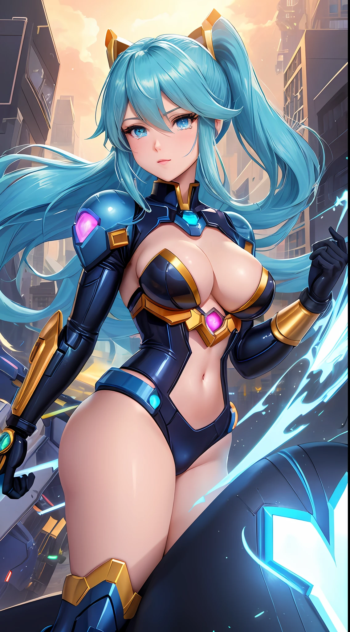 Create a 16k resolution image, Unreal Engine 5, Disney style, Super Metroid style, Mega Man-X style, with very detailed eyes, very detailed face, of a woman doing hybrid cosplay of Mega Man-X/Samus Aran/Seiya of Pegasus with Sagittarius armor, short blue hair, wearing helmet, extremely detailed eyes, futuristic weapons, background:  Futuristic city being destroyed, looking at the viewer with tears in their eyes, making cart for the viewer.