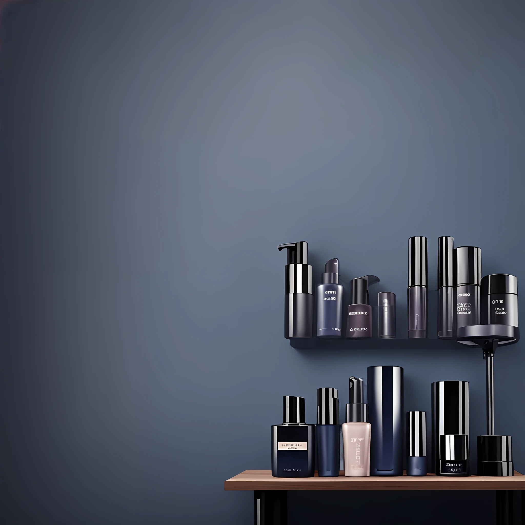 Dark moody podium stage for products or cosmetics against dark blue background and leaves shadows on the wall.
