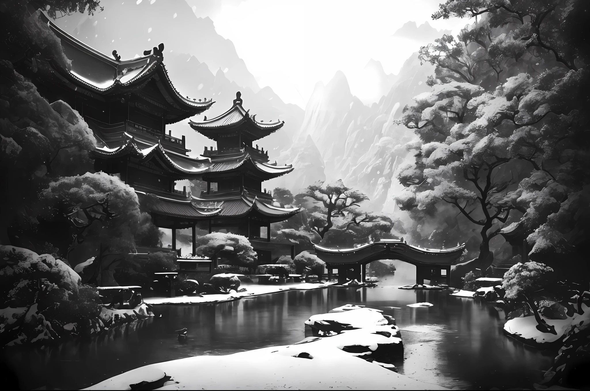 Masterpiece, best quality, high quality, extremely detailed CG unity 8k wallpaper, classical Chinese garden, landscape, Suzhou, winter, ((snowing)), outdoor, sky, daytime, landscape, water, tree, blue sky, waterfall, nature, lake, river, cloudy sky, award winning photography, bokeh, depth of field, HDR, bloom, chromatic aberration, realism, very detailed, trends on artstation, trends on CGsociety, intricate, high detail, dramatic, Midjourney Art, {Ink Painting}, (Black and White Effect)